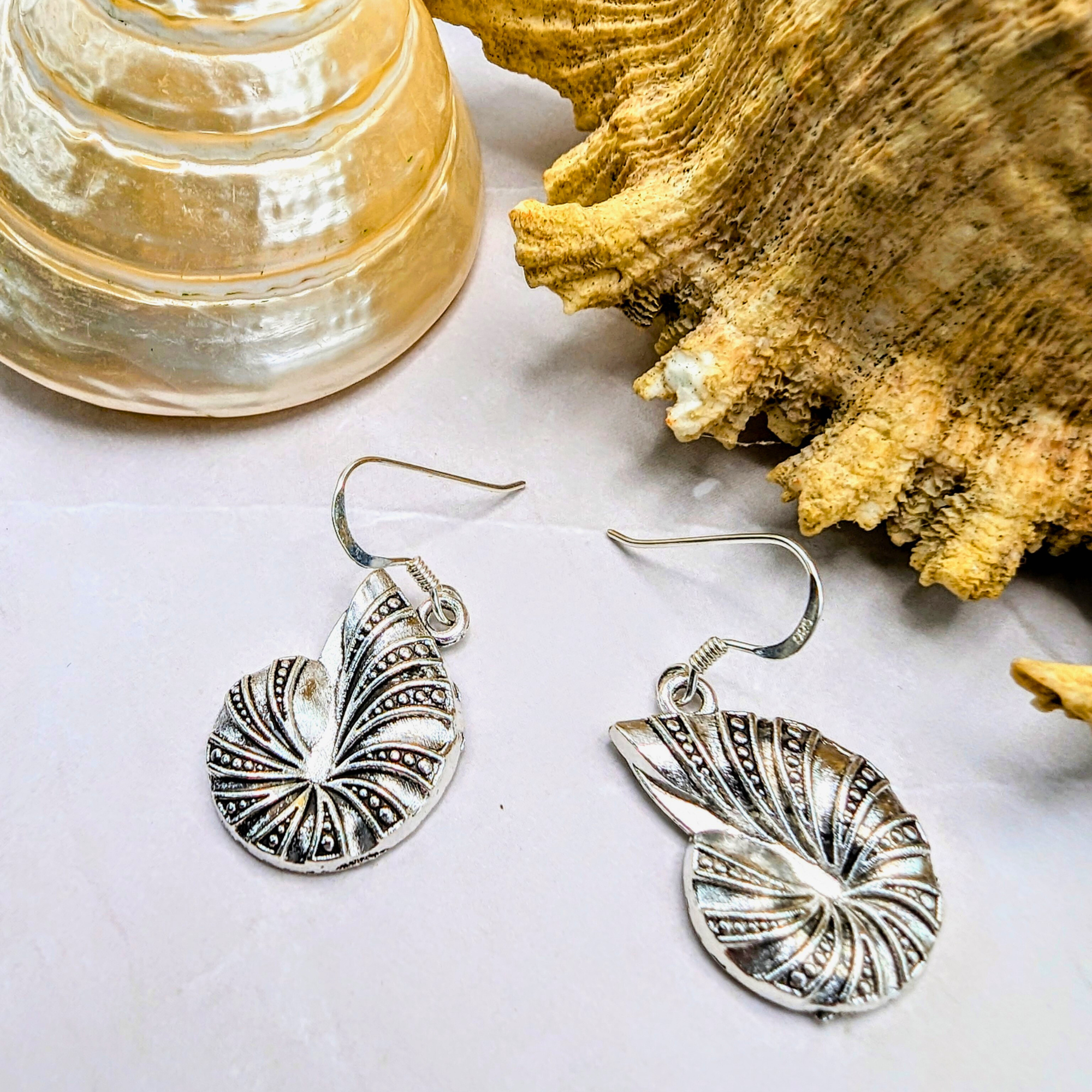 The Shoreline Spiral Shell Earrings by Silver Sunbird, designed with nautilus-inspired sterling silver detailing, rest on a white surface beside two seashells—one smooth and shiny, the other rough—for an elegant oceanic touch.