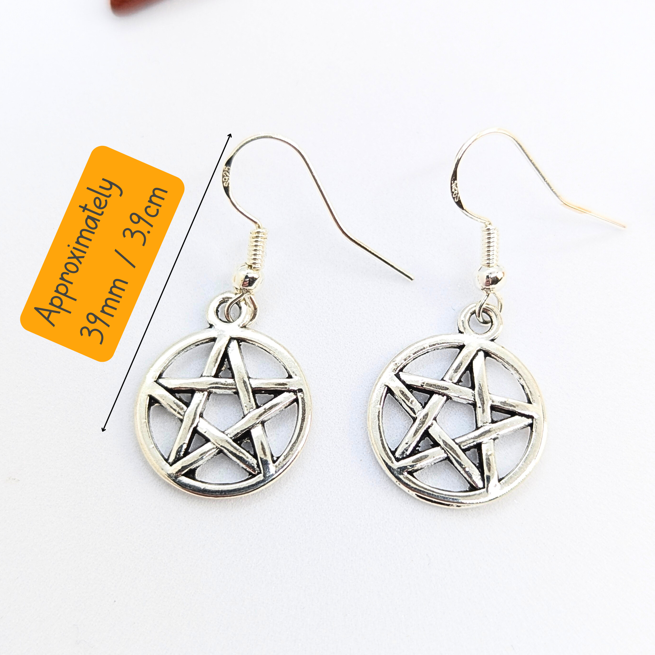 Silver Sunbird Pentagram Earrings: sterling silver, pagan design with hook fastenings, approx. 31mm size. Displayed on a white background.