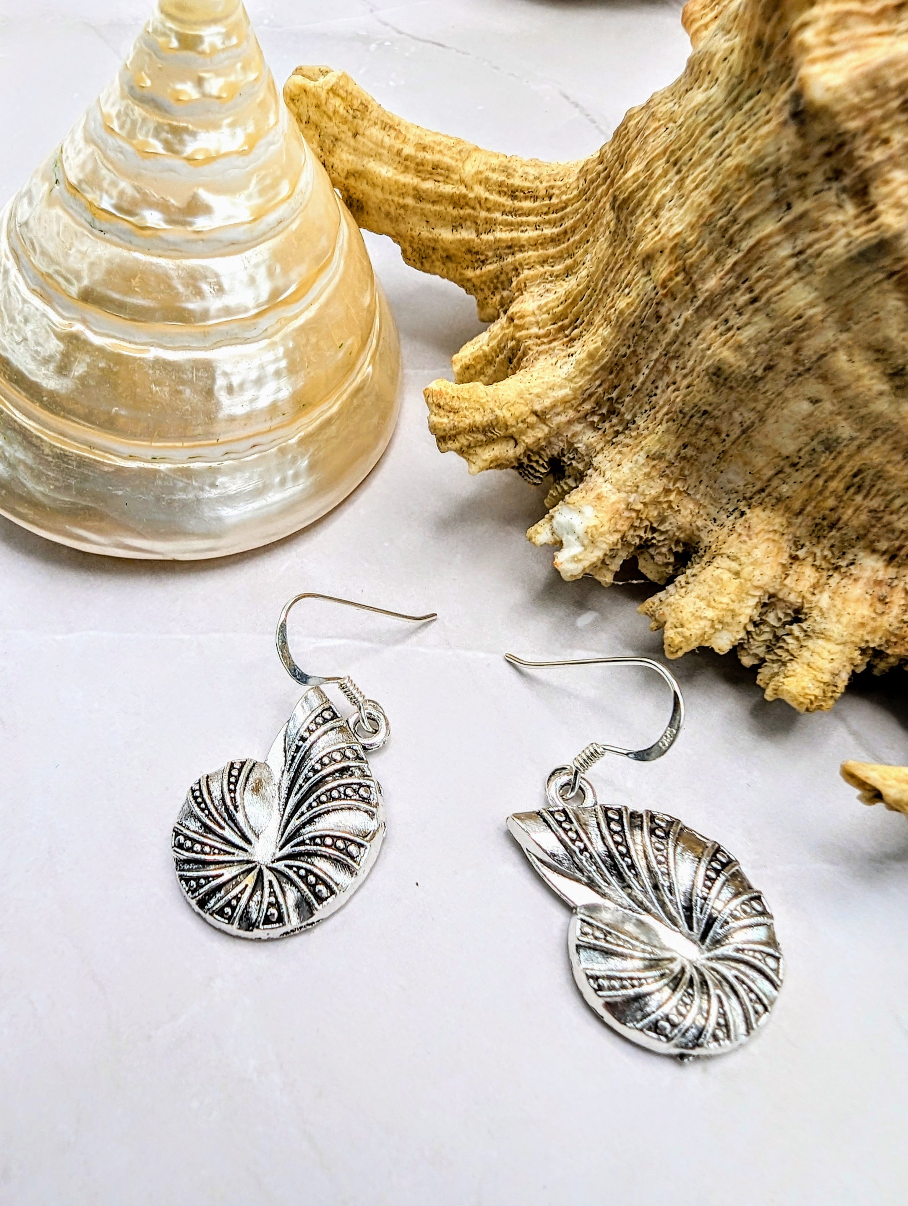 Two Shoreline Spiral Shell Earrings by Silver Sunbird, expertly crafted from 925 sterling silver with detailed designs, are displayed on a light surface beside a white spiral seashell and a beige ridged seashell.