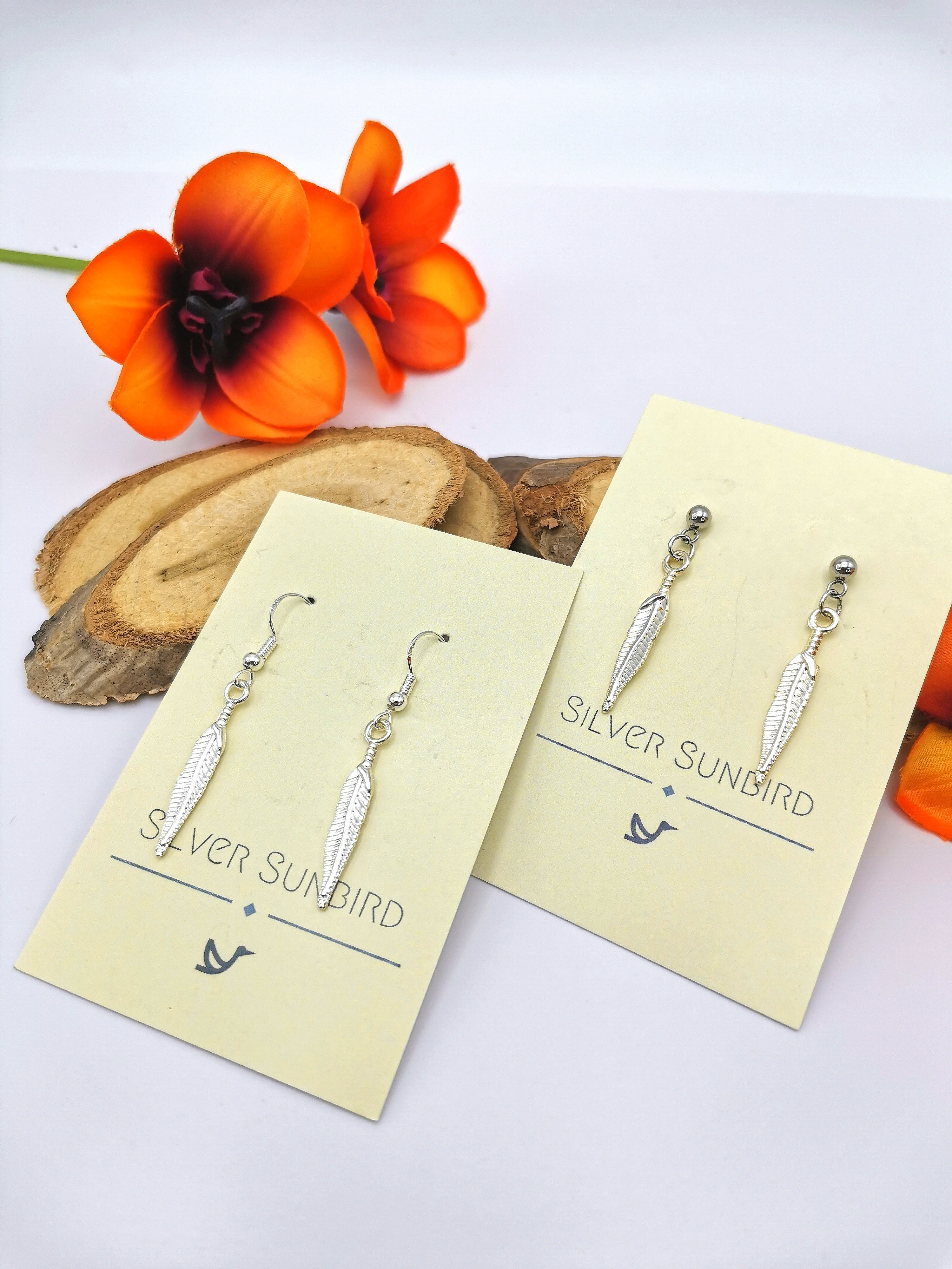 Fabulous Feather Earrings - Silver Sunbird animal earrings