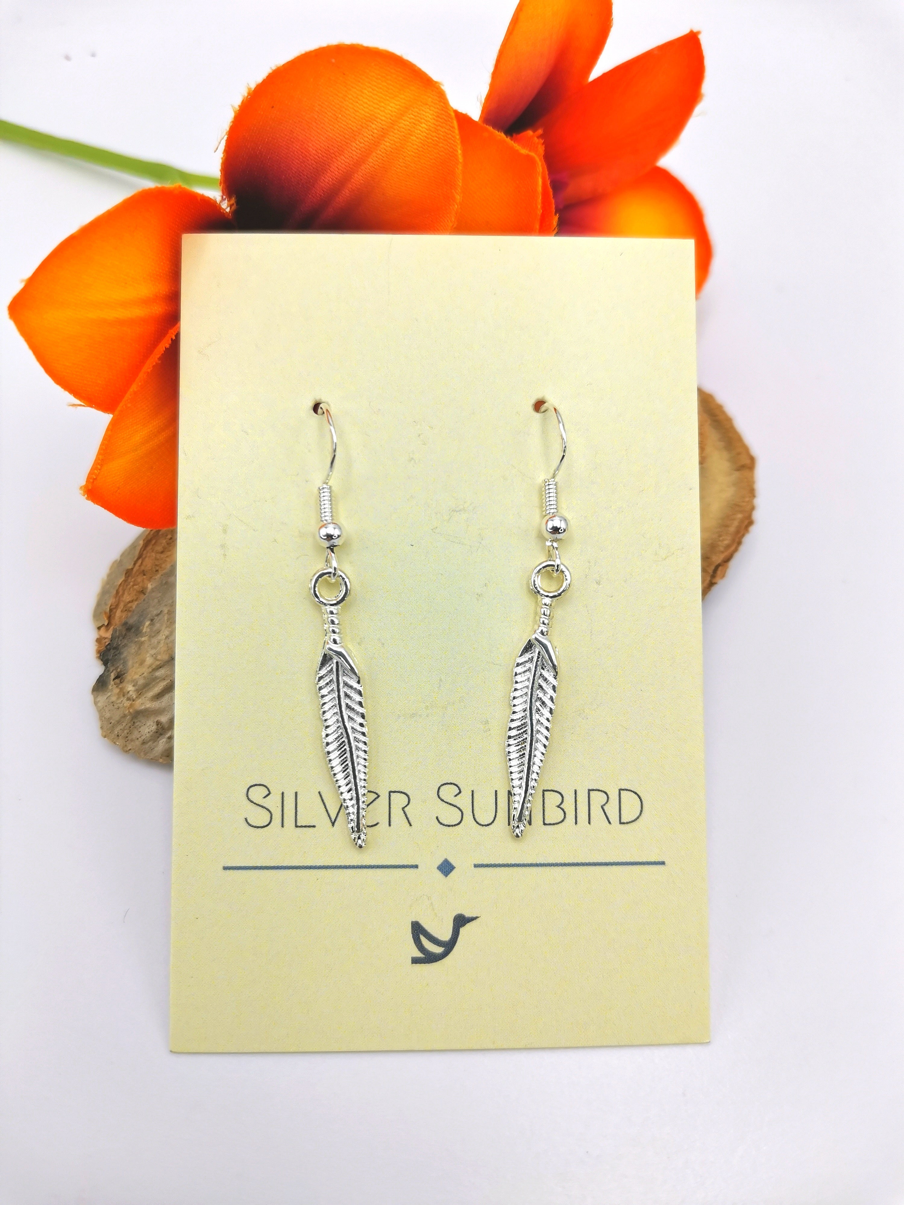Fabulous Feather Earrings - Silver Sunbird animal earrings