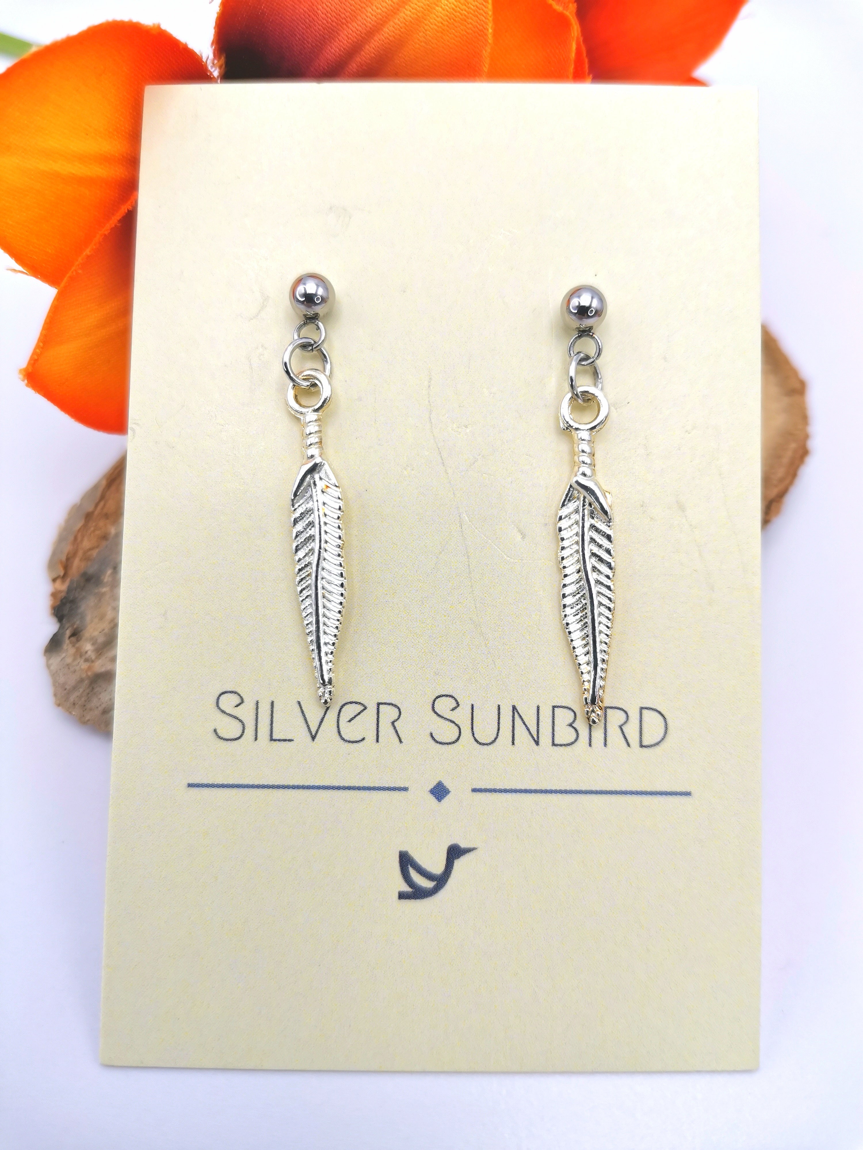Fabulous Feather Earrings - Silver Sunbird animal earrings