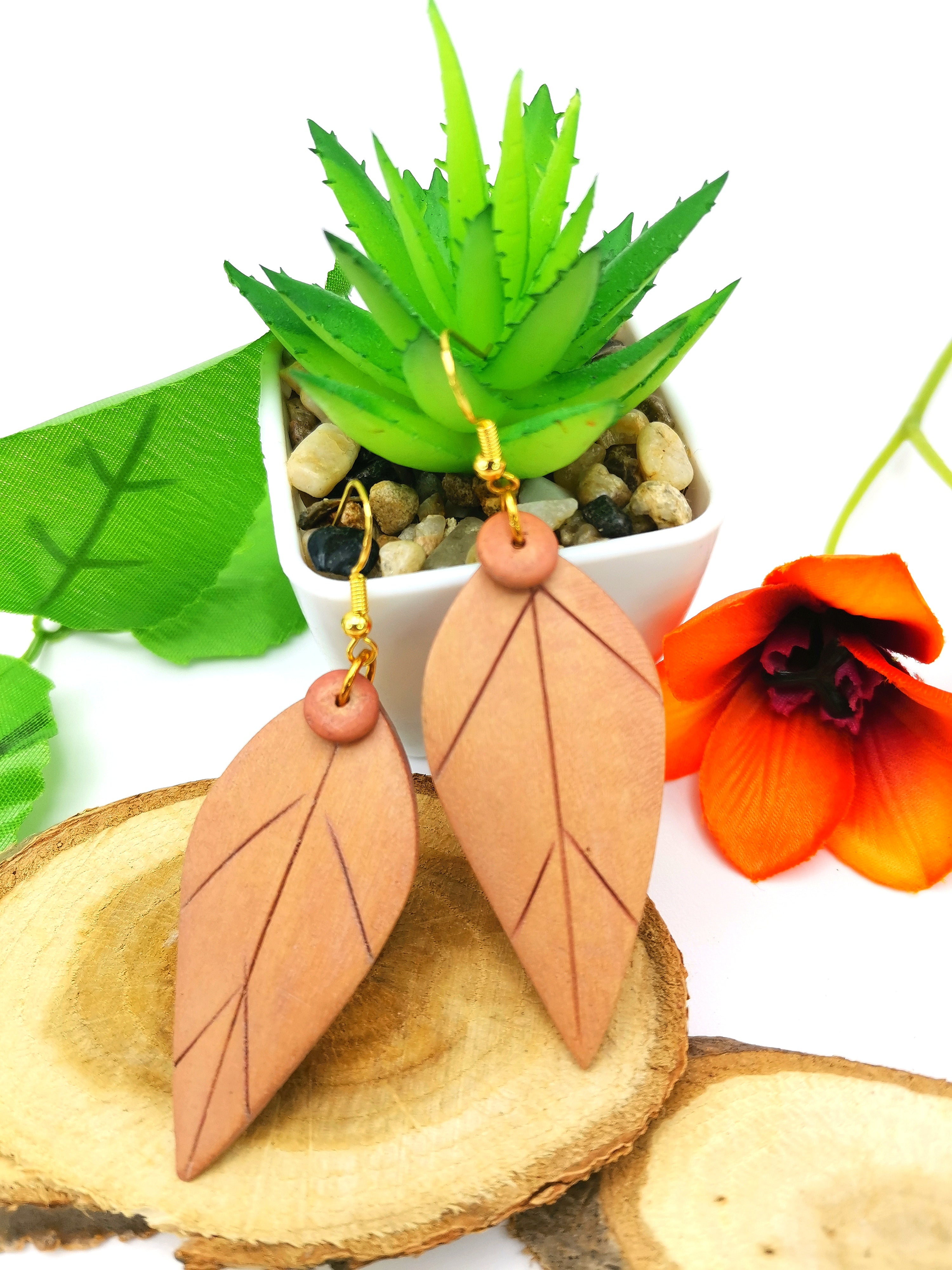 Wonderful Wooden Leaf Earrings - Silver Sunbird Bohemian Earrings