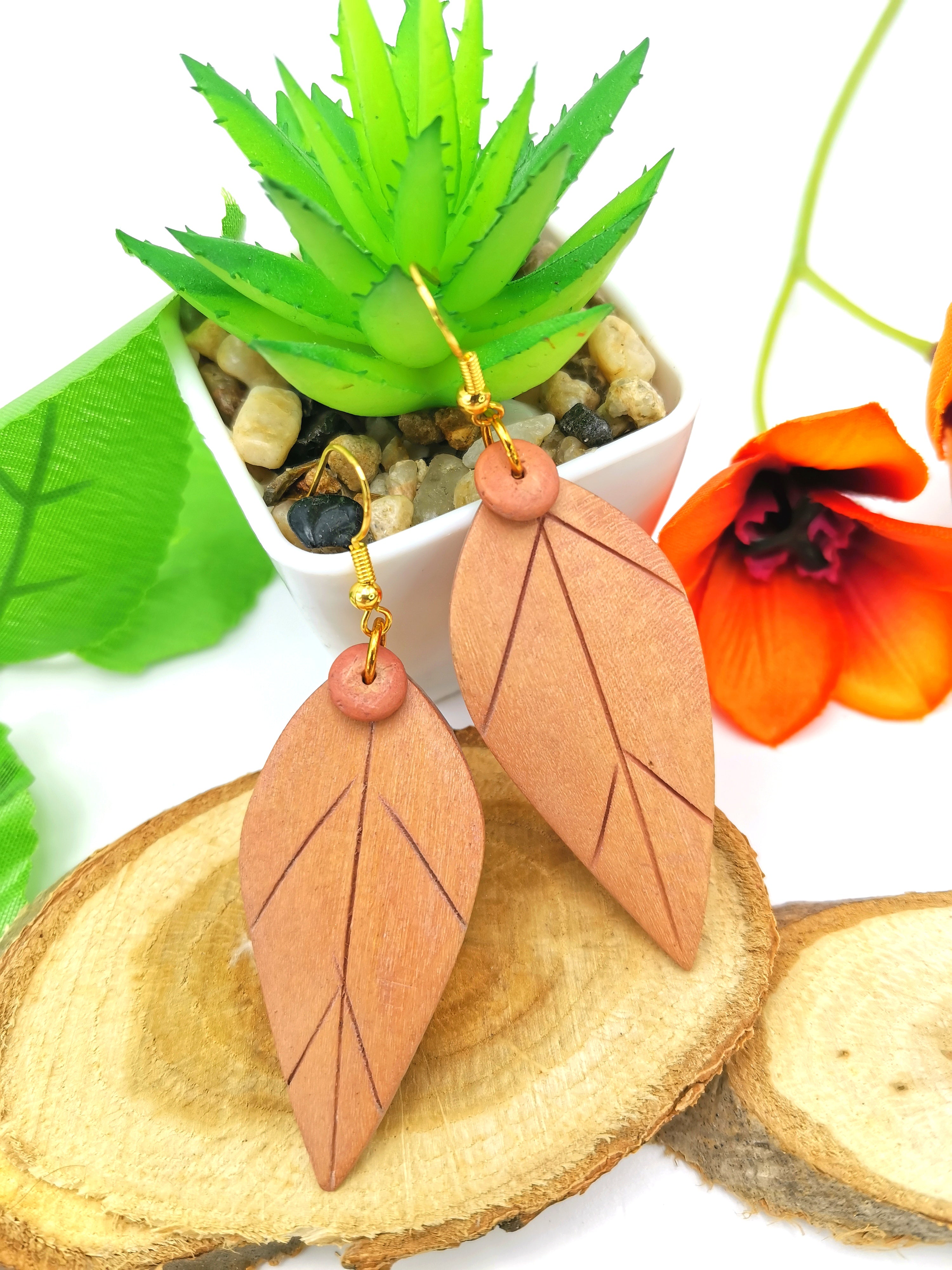 Wonderful Wooden Leaf Earrings - Silver Sunbird Bohemian Earrings