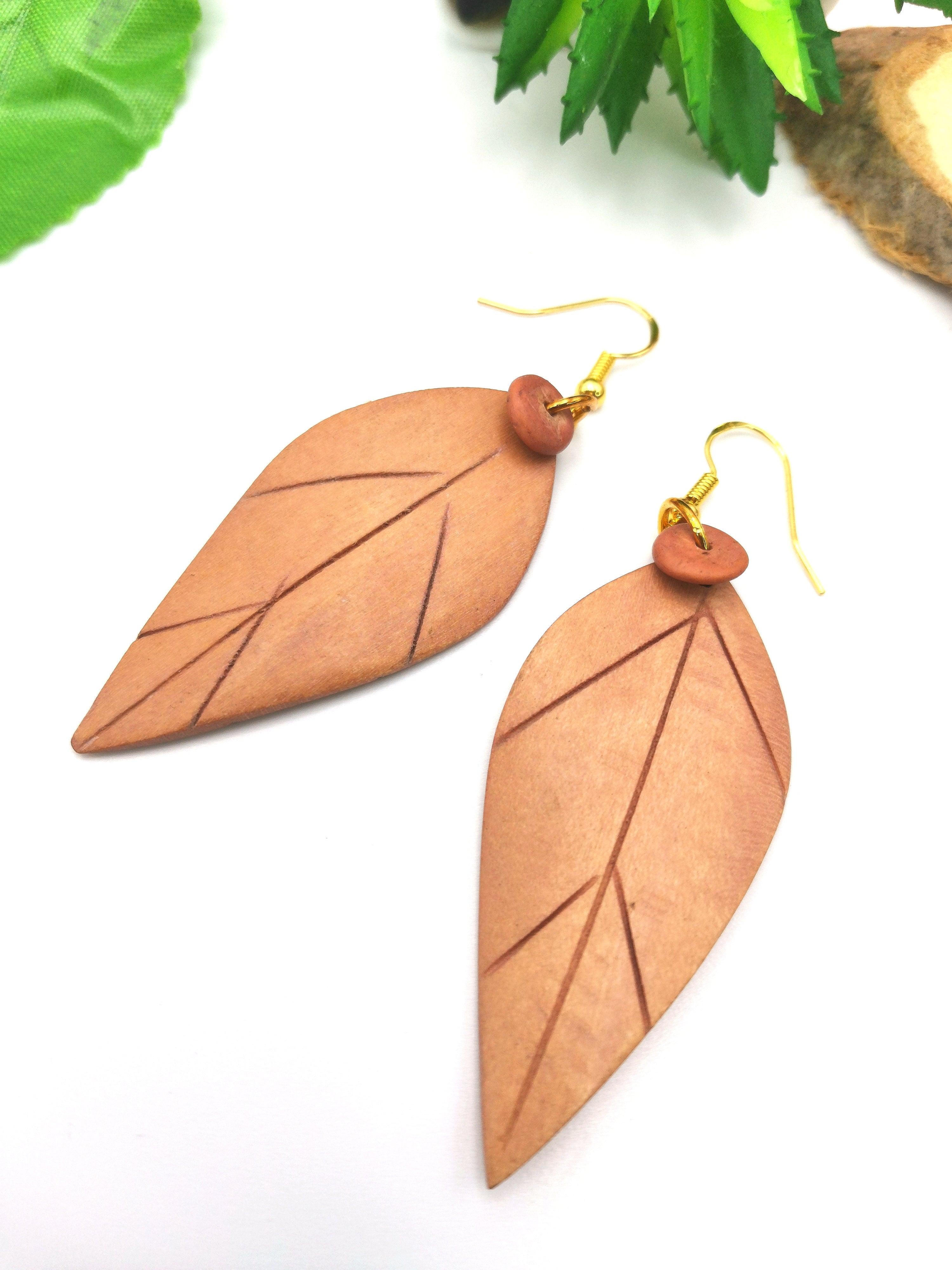 Wonderful Wooden Leaf Earrings - Silver Sunbird Bohemian Earrings