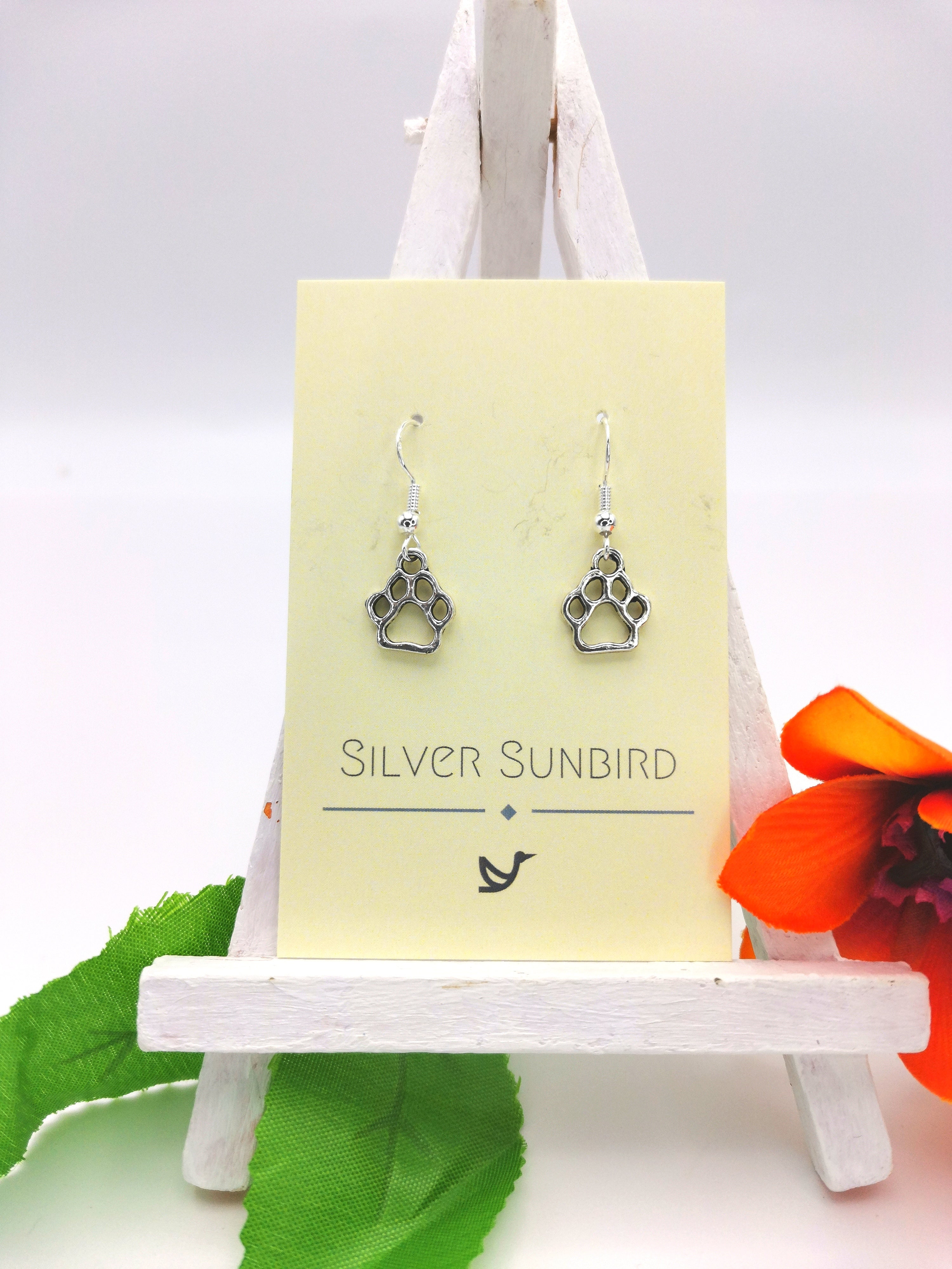 Faithful Friend Paw Print Earrings - Silver Sunbird animal earrings