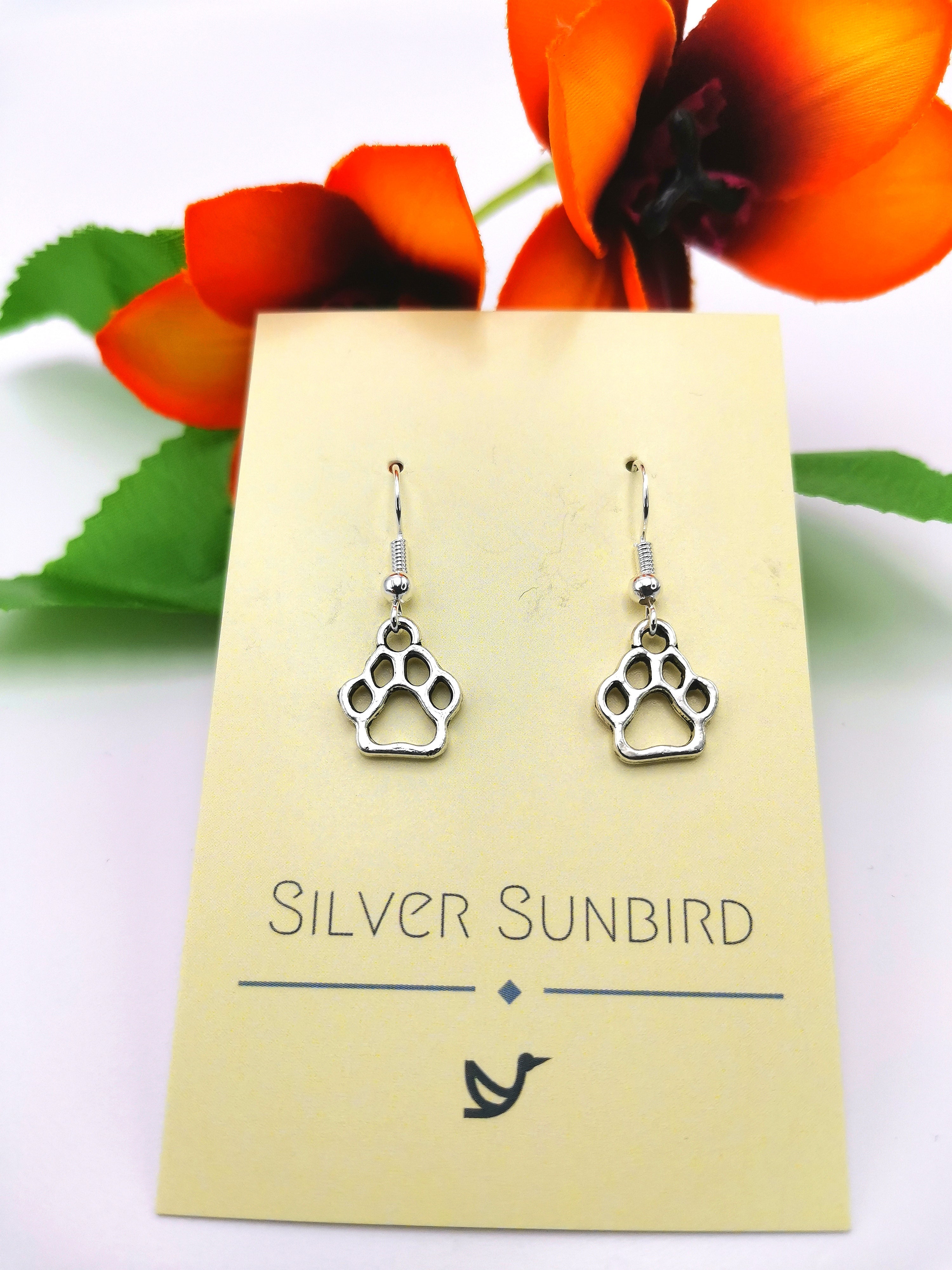 Faithful Friend Paw Print Earrings - Silver Sunbird animal earrings