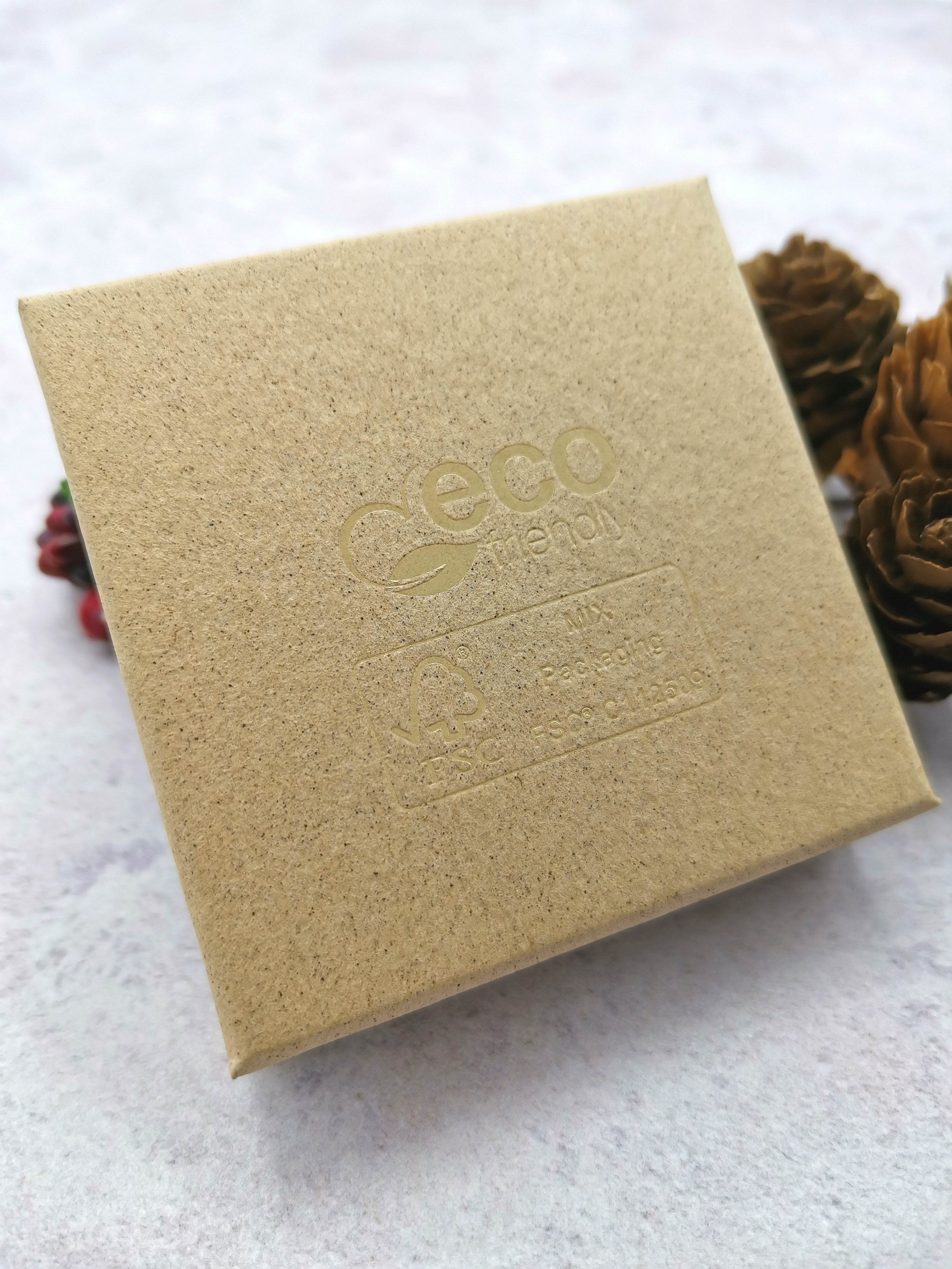 A square kraft paper box embossed with "Eco Shop" and recycling symbols rests on a light surface. Nearby pinecones add a natural touch. Inside the box lies an elegant Opal Gemstone Gift Set by Silver Sunbird, featuring an opal necklace framed in sterling silver.