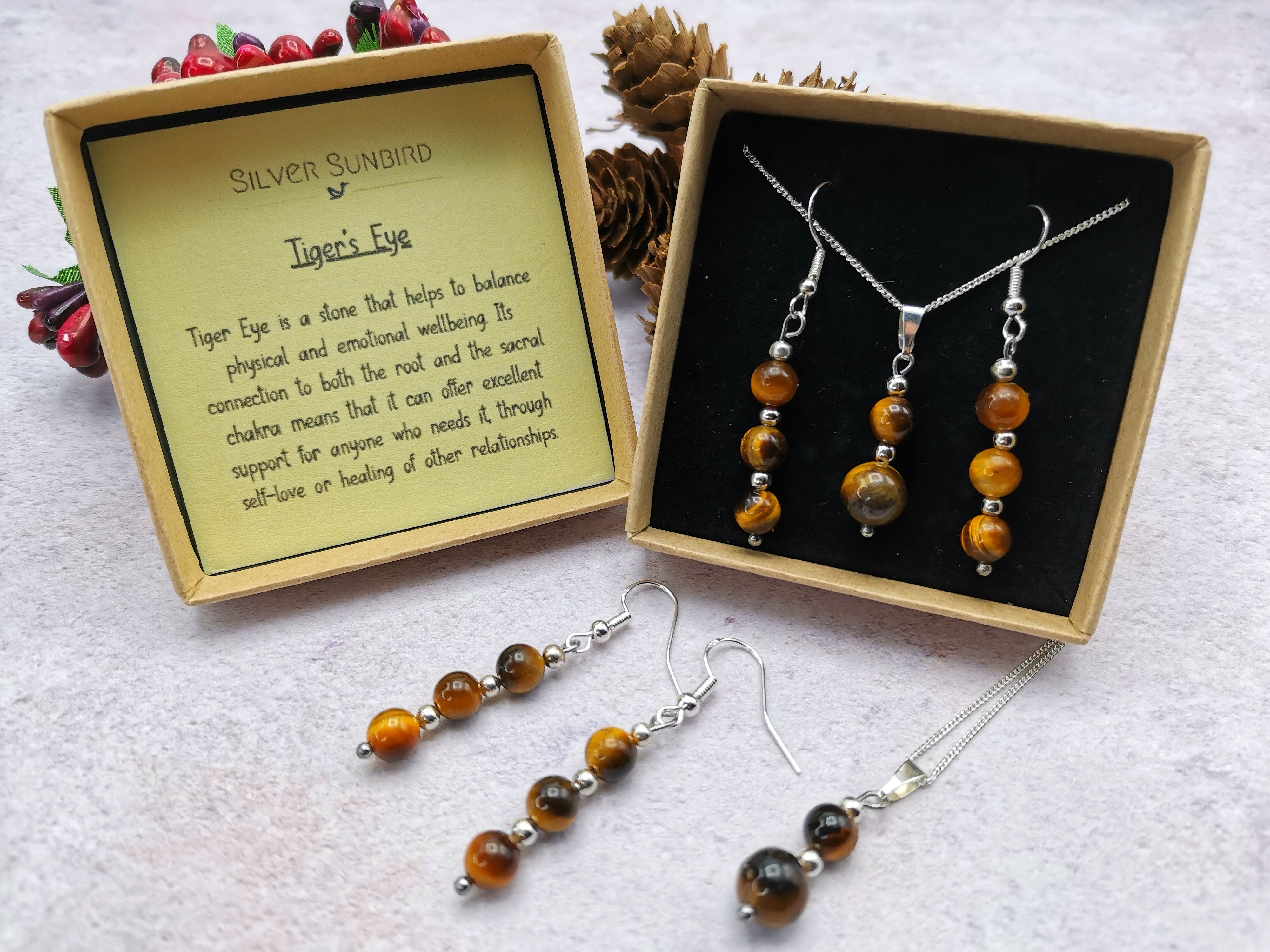 Tigereye, Smoky Quartz, Gold Crystal & Freshwater Pearl Necklace and Earrings Set / Sterling Silver / Semi precious Stone Set / store Gift Boxed