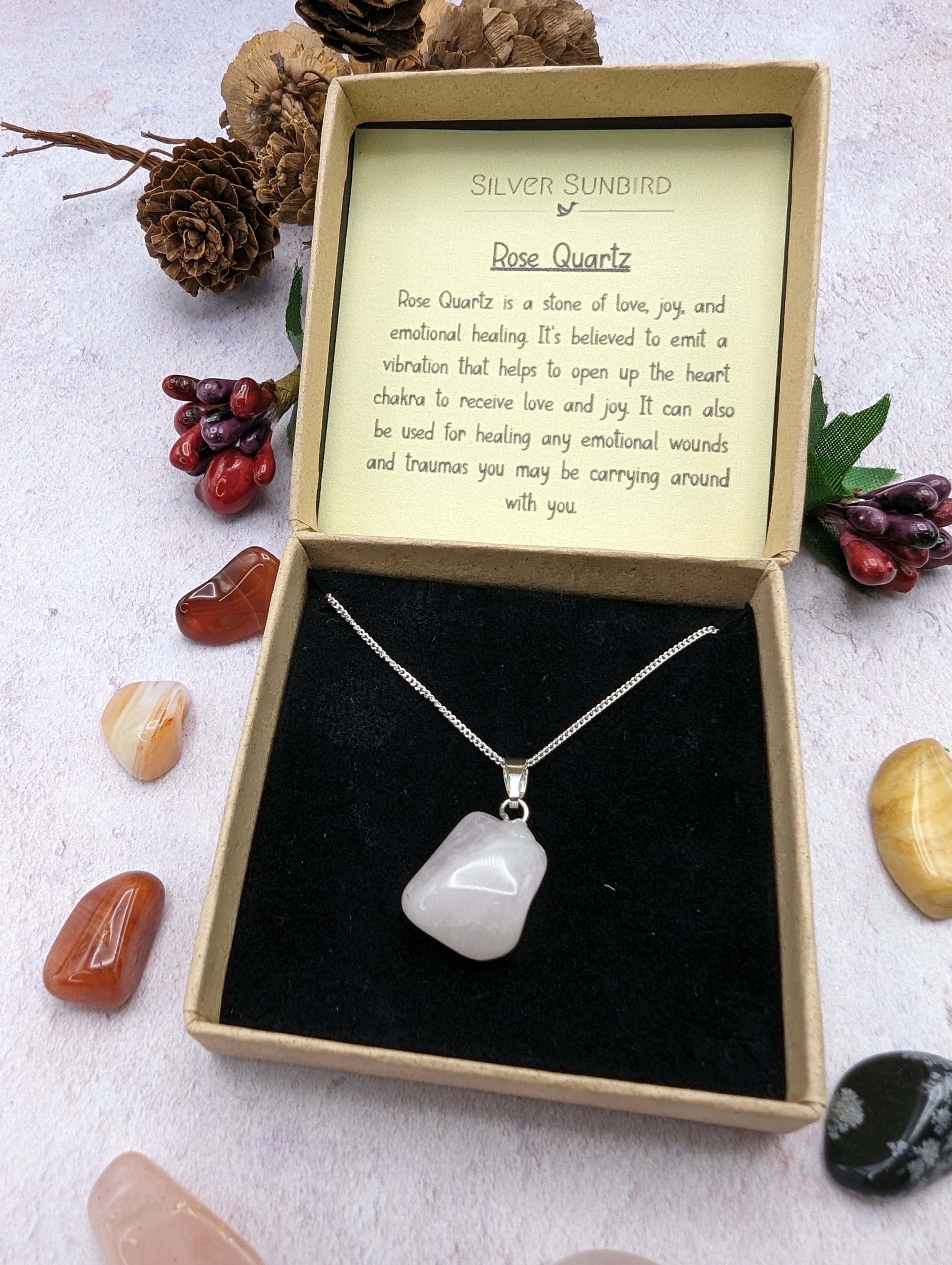 Rose Quartz Gemstone Necklace - Silver Sunbird Gemstones