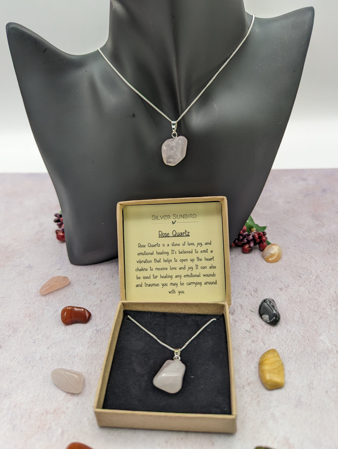 Rose Quartz Gemstone Necklace - Silver Sunbird Gemstones