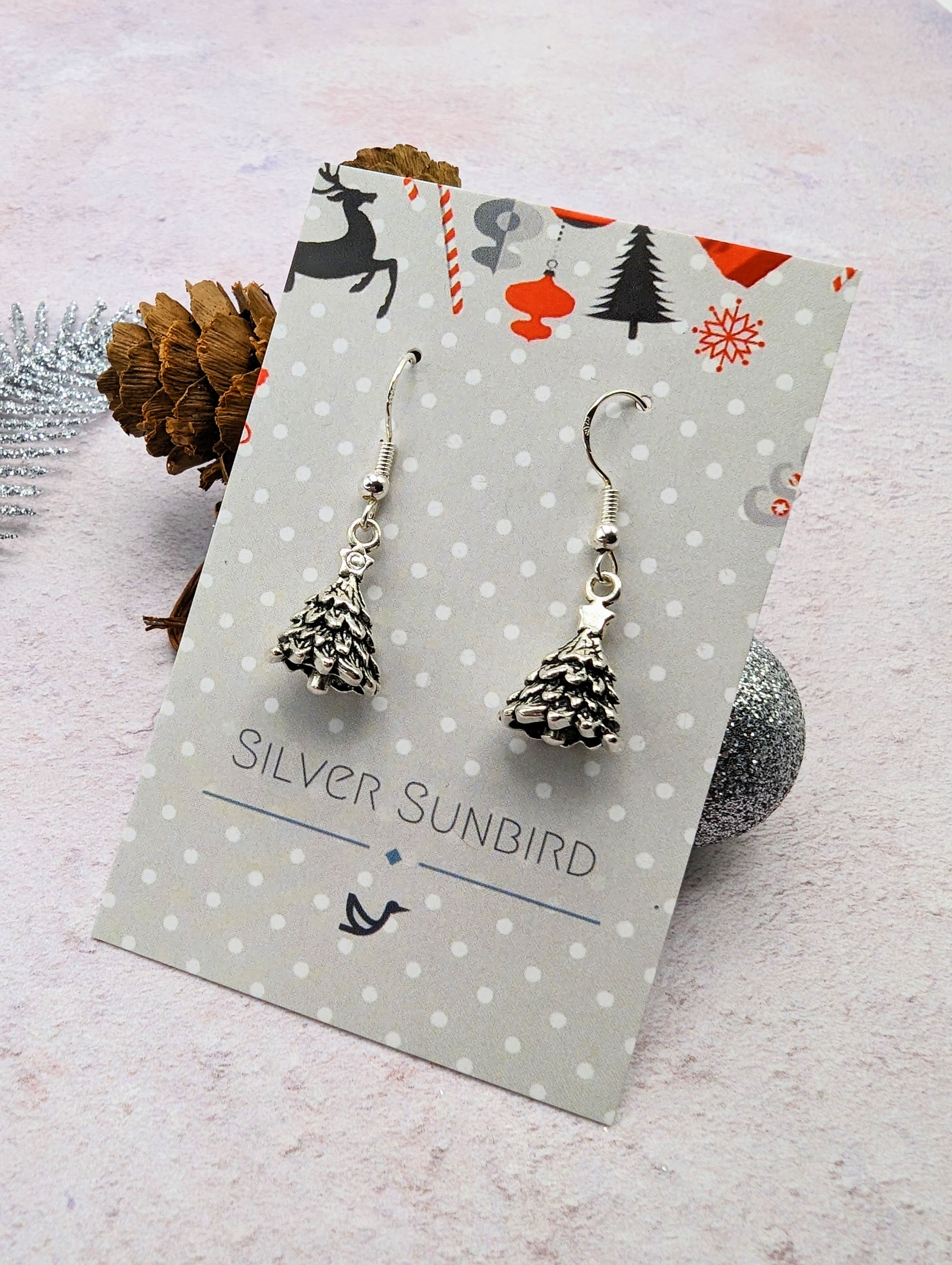 3D Christmas Tree Earrings - Silver Sunbird Christmas Earrings