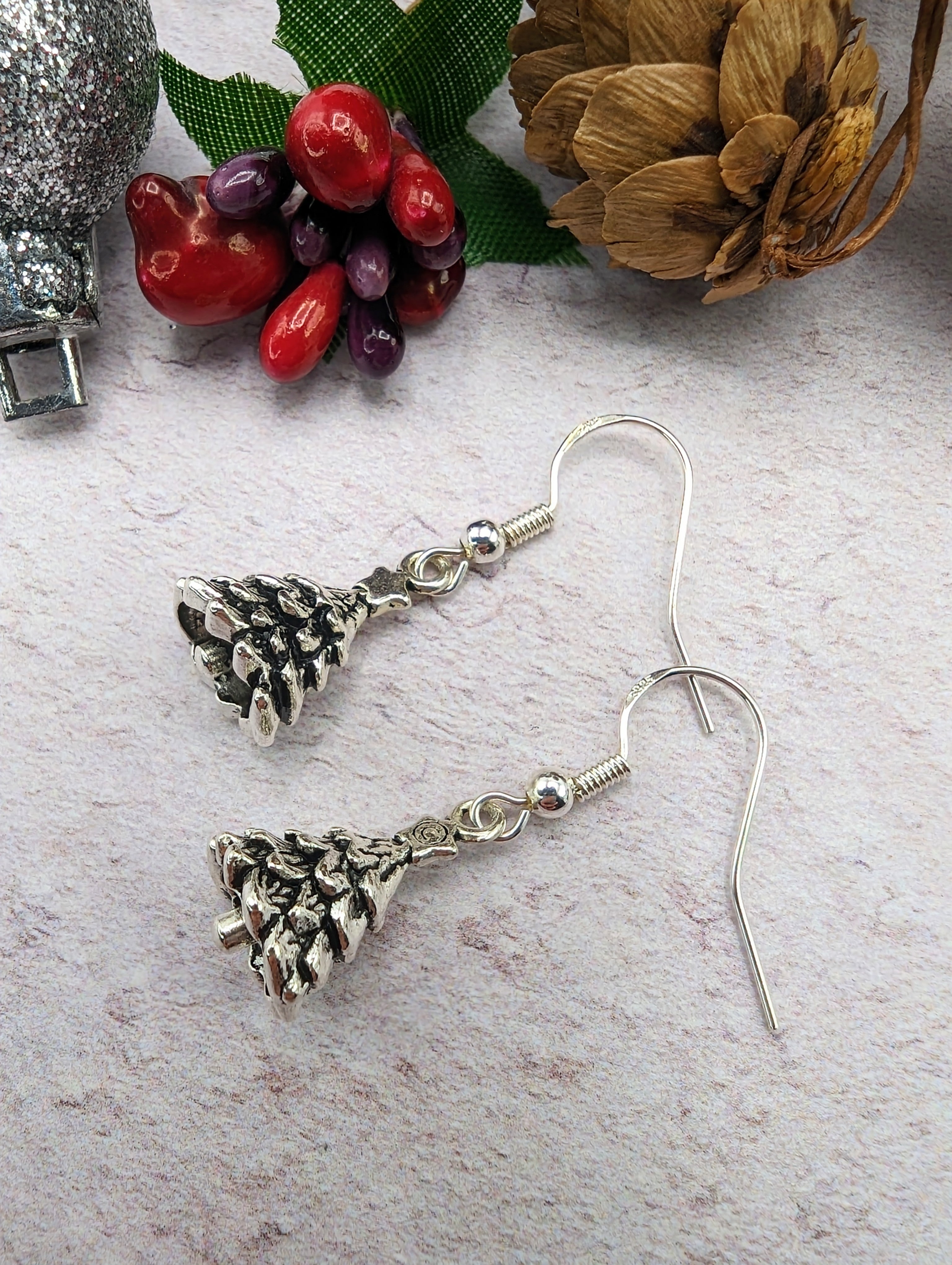 3D Christmas Tree Earrings - Silver Sunbird Christmas Earrings