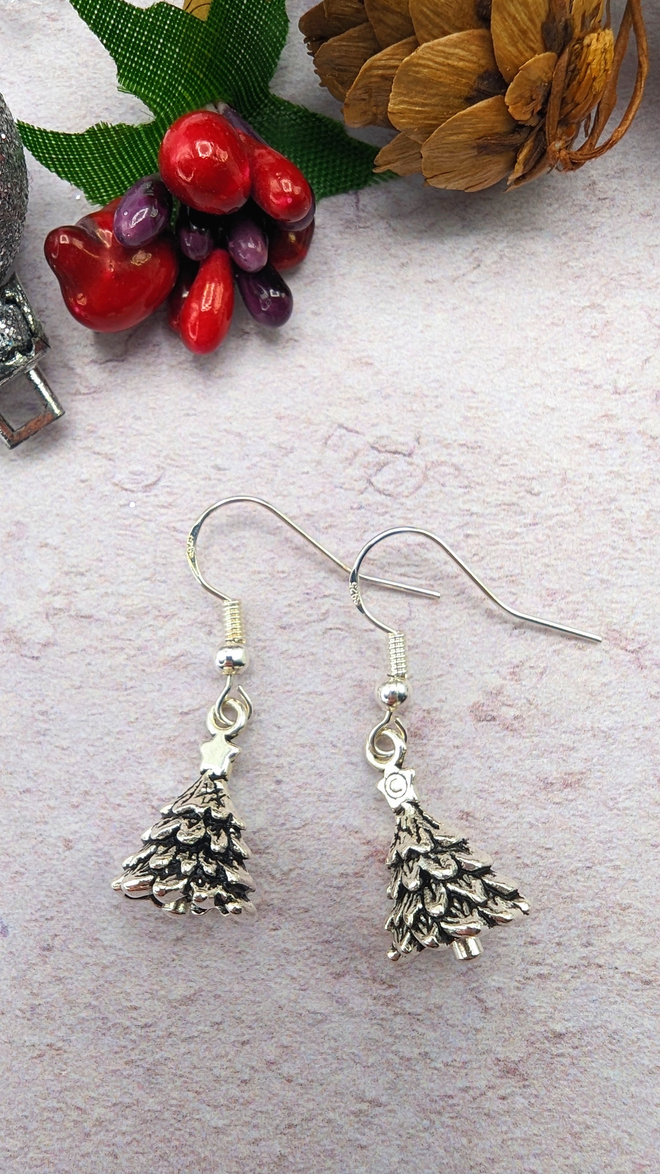 3D Christmas Tree Earrings - Silver Sunbird Christmas Earrings