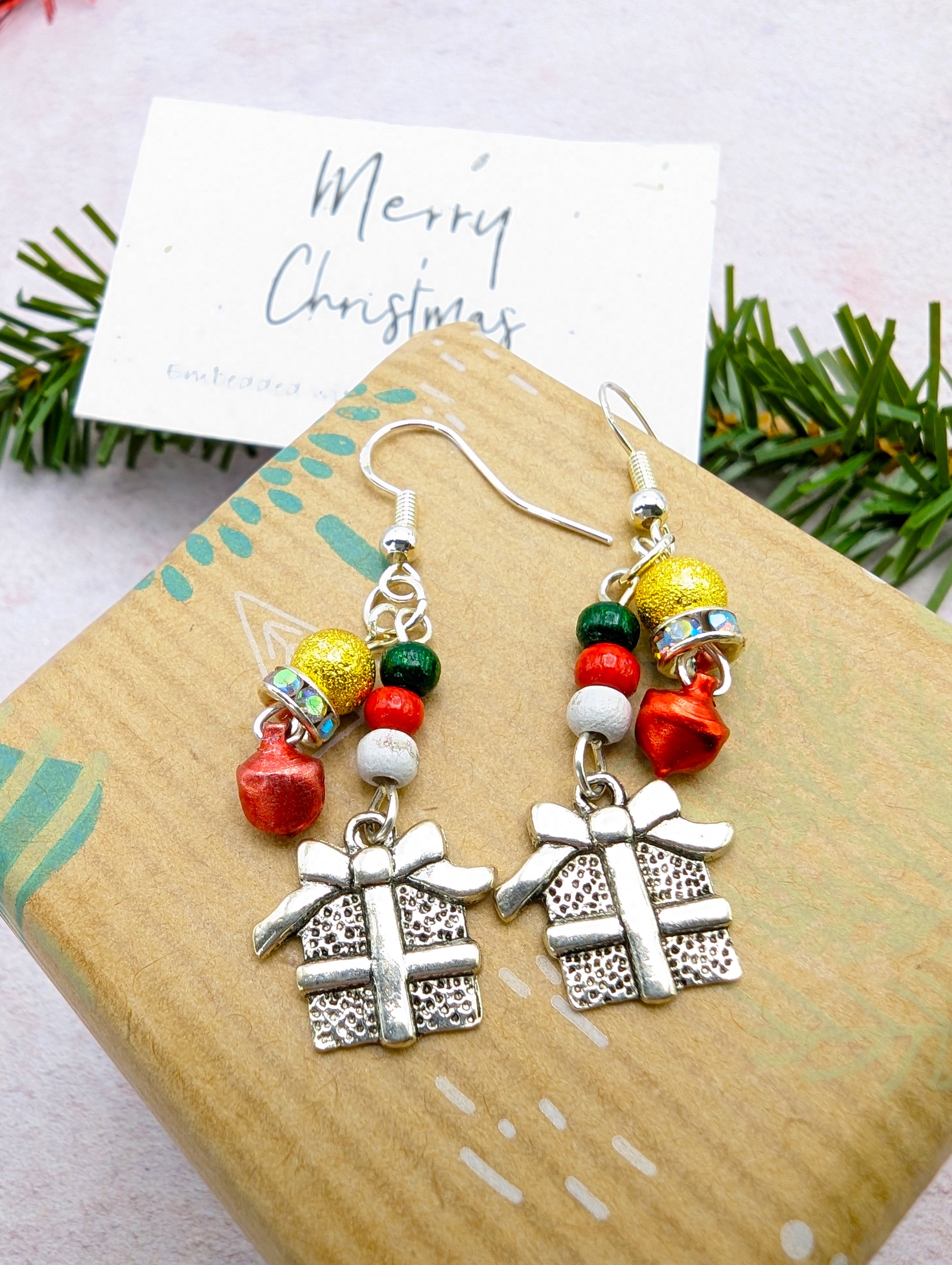 Gift Box Earrings - Silver Sunbird Christmas Earrings