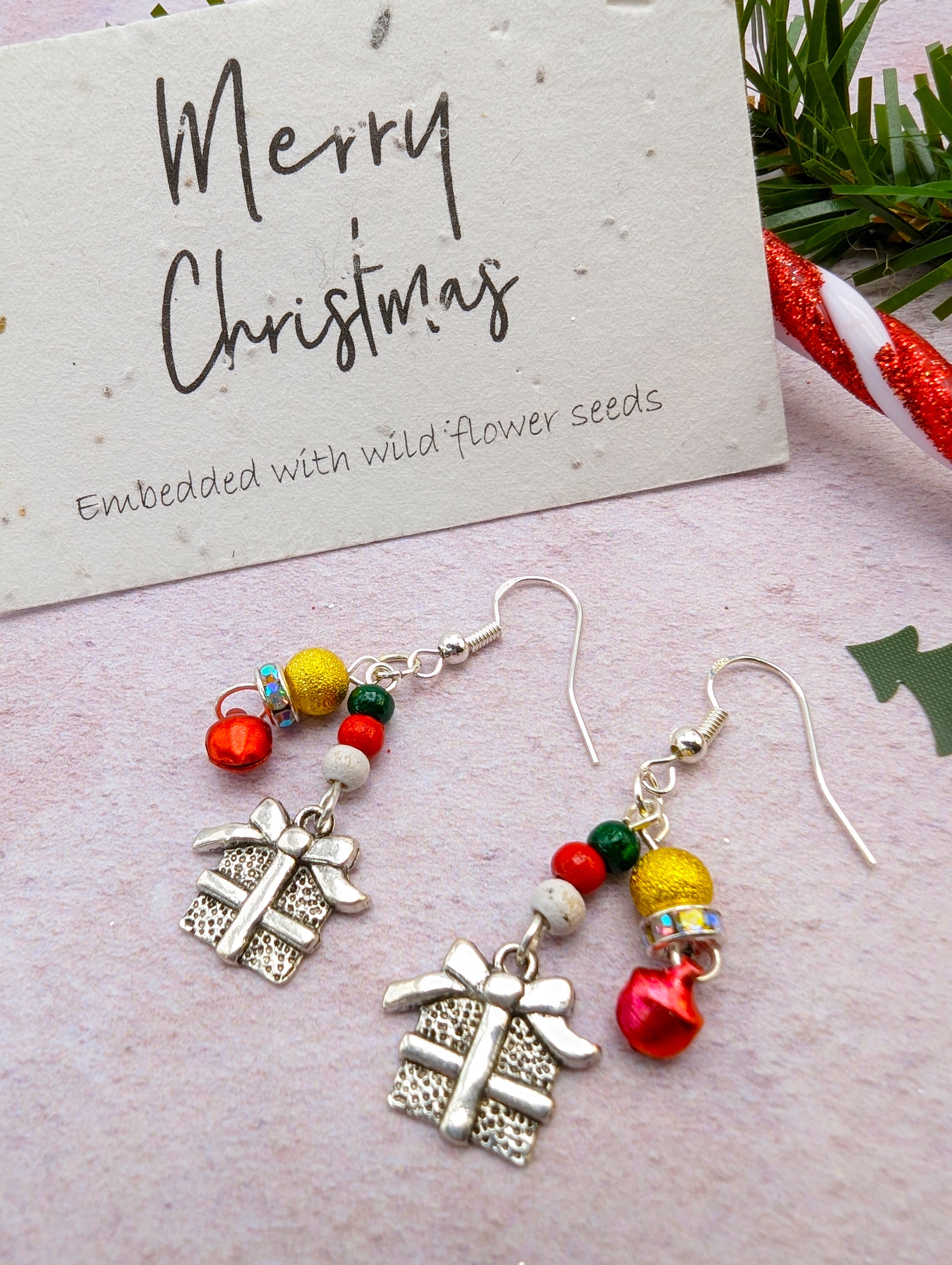 Gift Box Earrings - Silver Sunbird Christmas Earrings