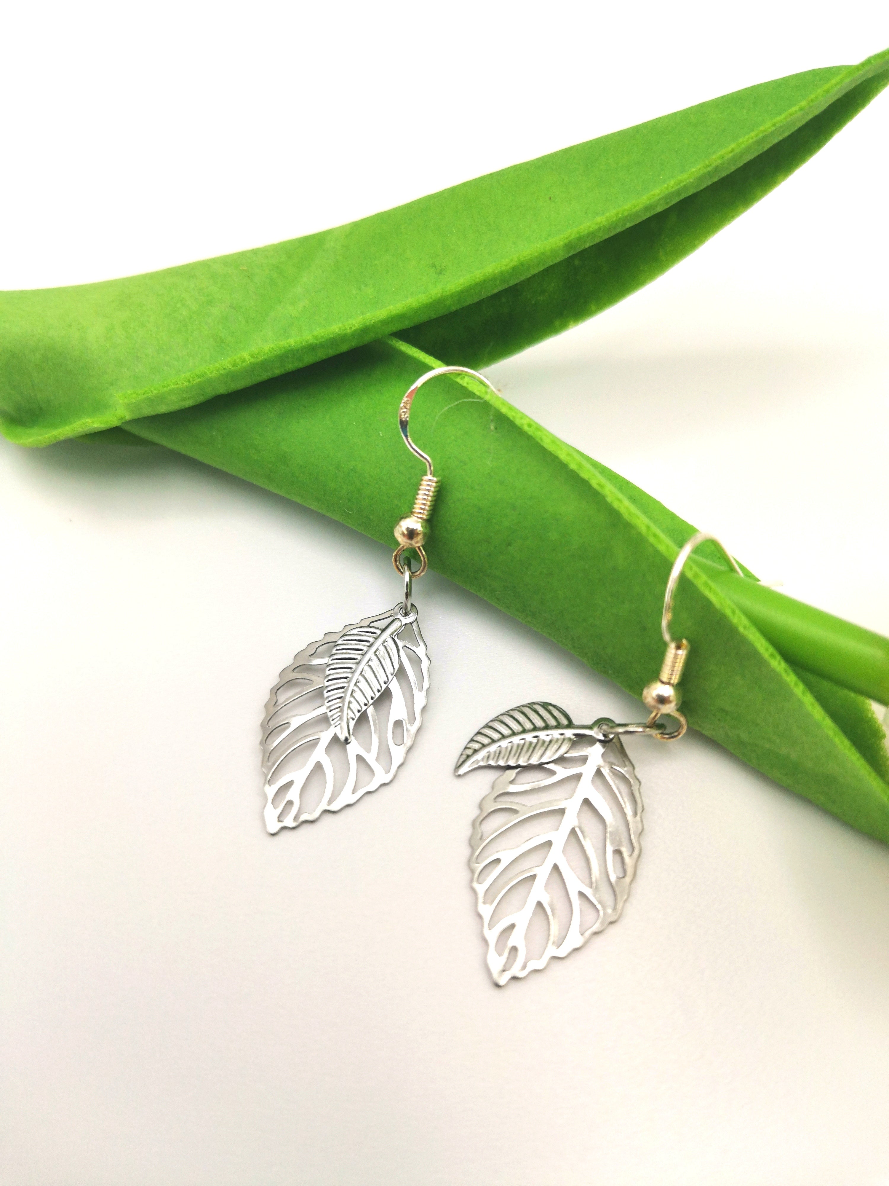 Two Leafy Earrings - Silver Sunbird Bohemian Earrings