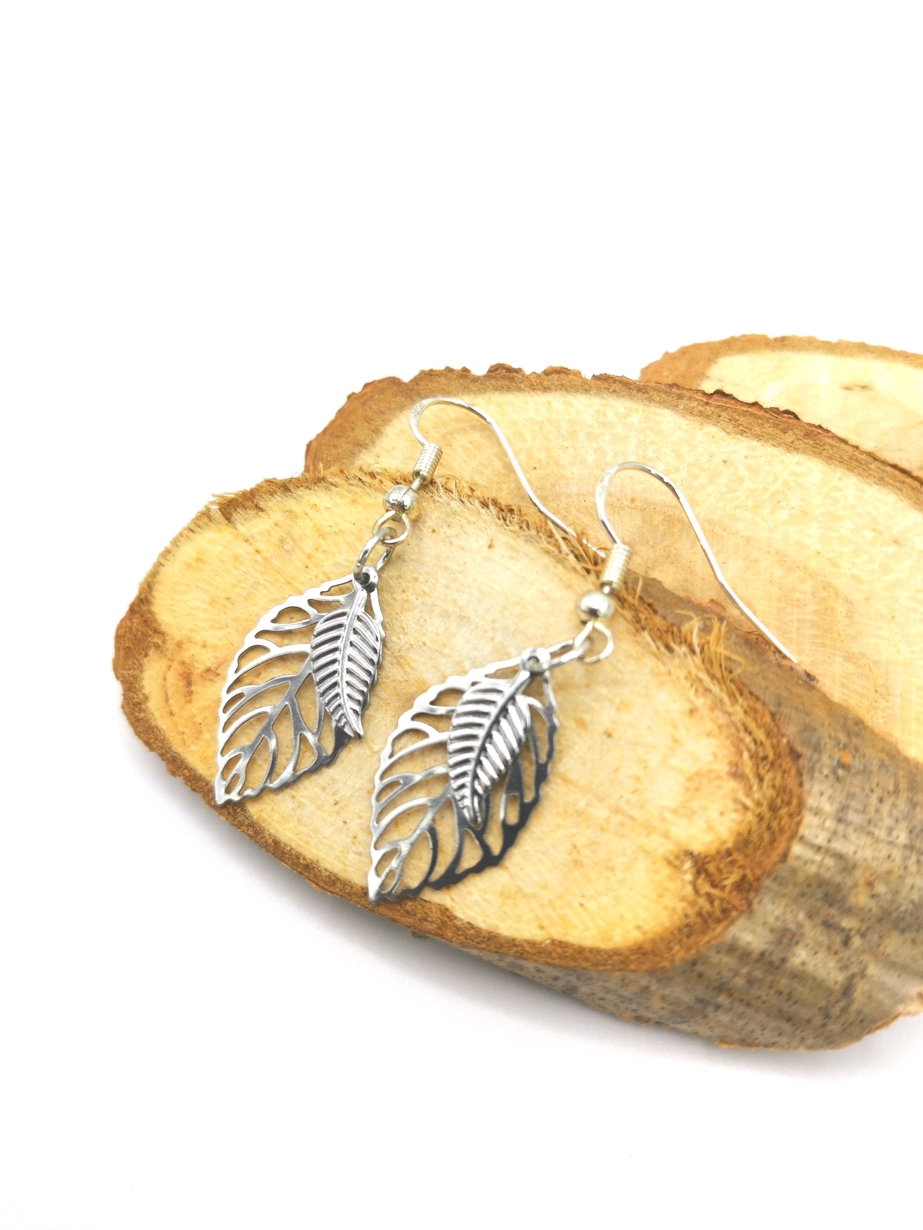 Two Leafy Earrings - Silver Sunbird Bohemian Earrings