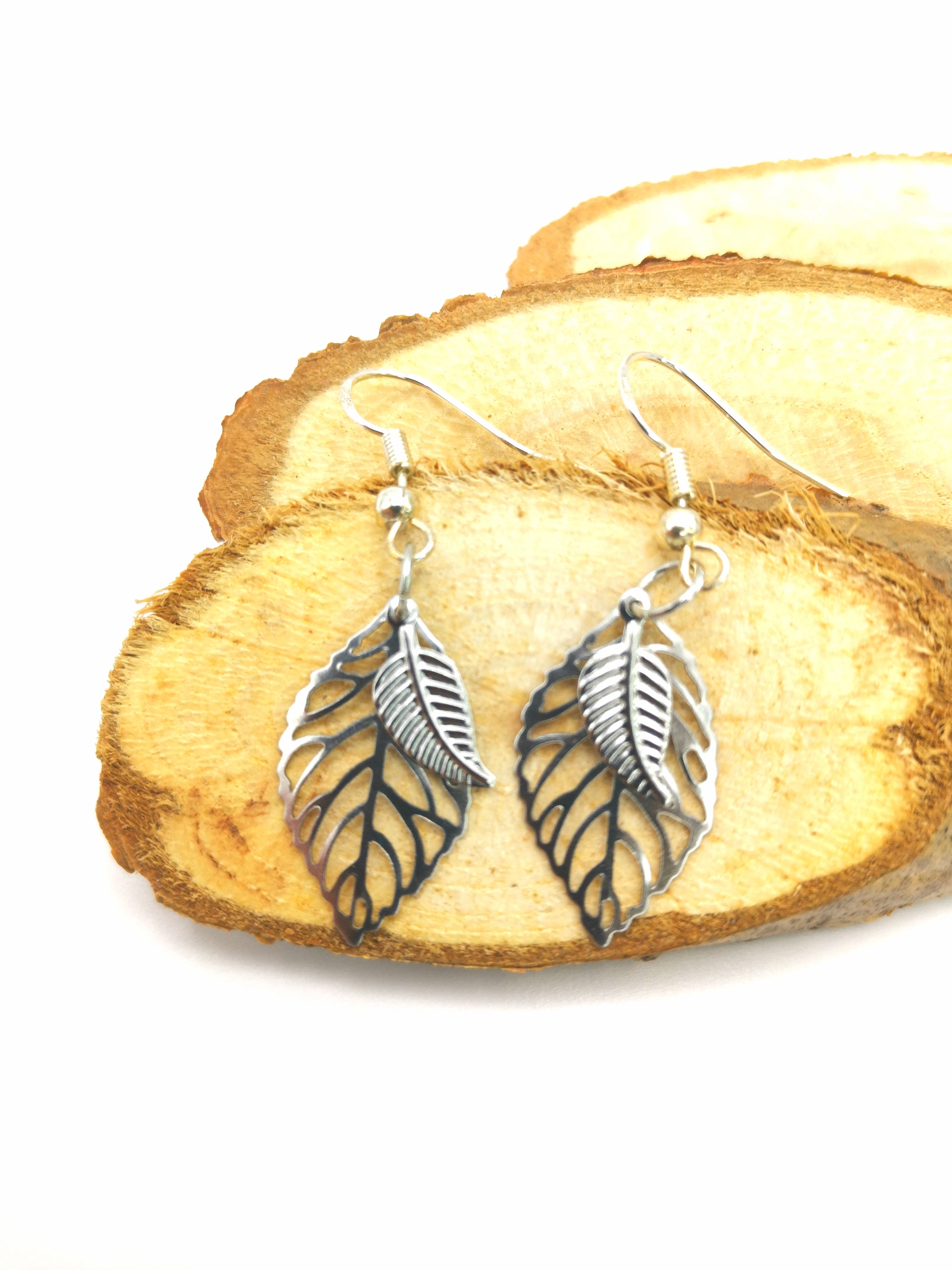 Two Leafy Earrings - Silver Sunbird Bohemian Earrings