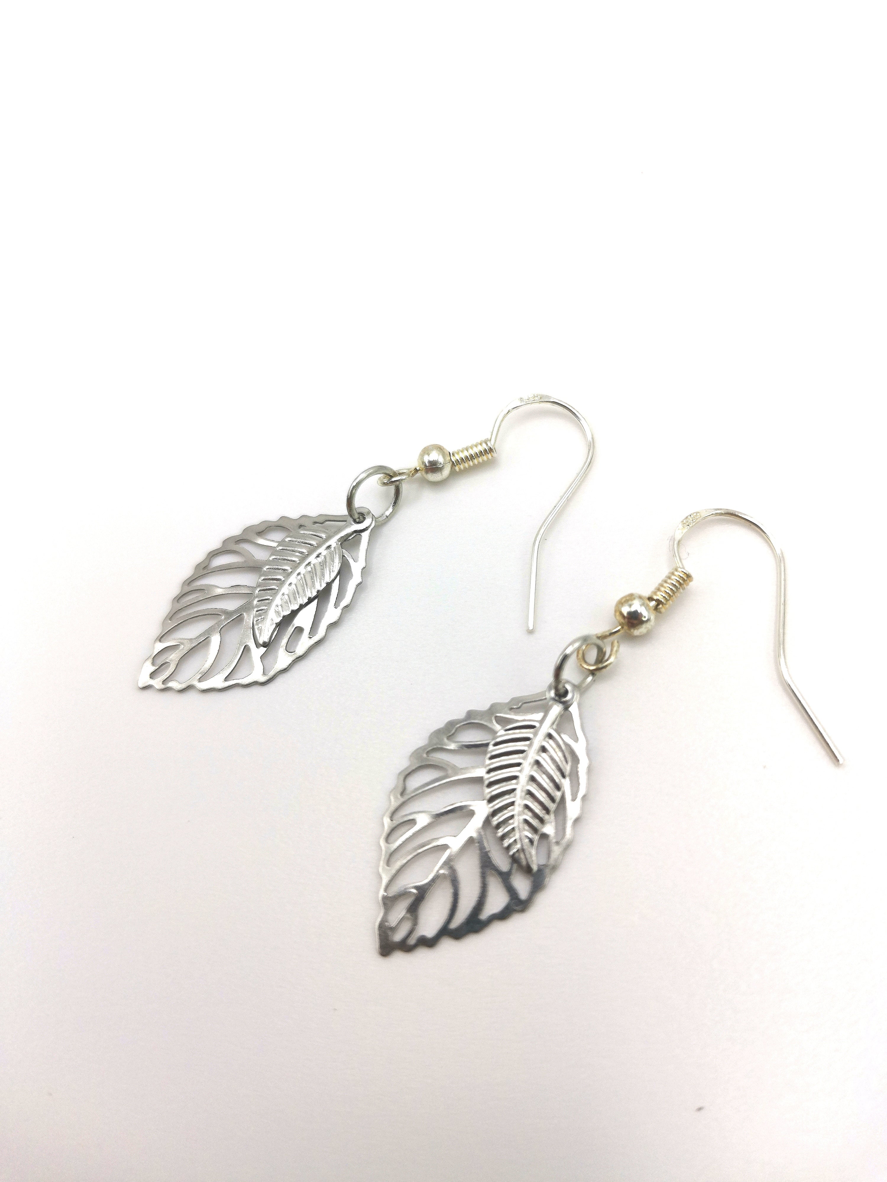 Two Leafy Earrings - Silver Sunbird Bohemian Earrings