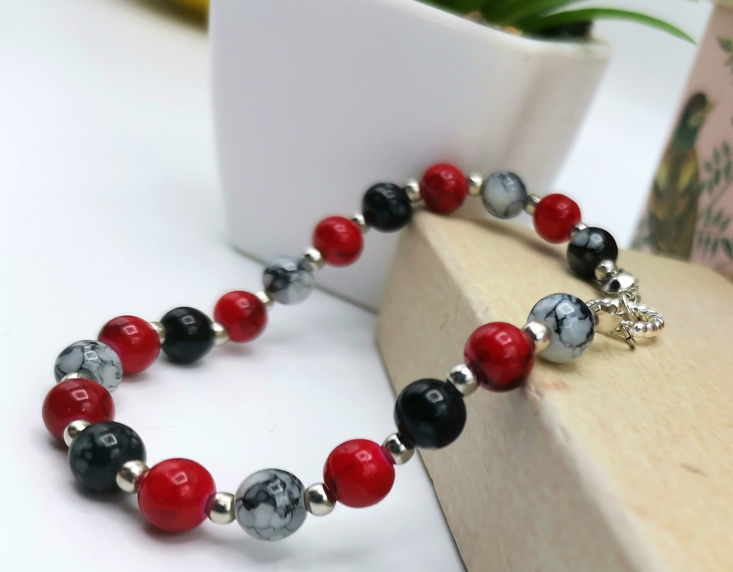 Marvellous Marble Effect Bracelet - Silver Sunbird Red and Black Bracelets