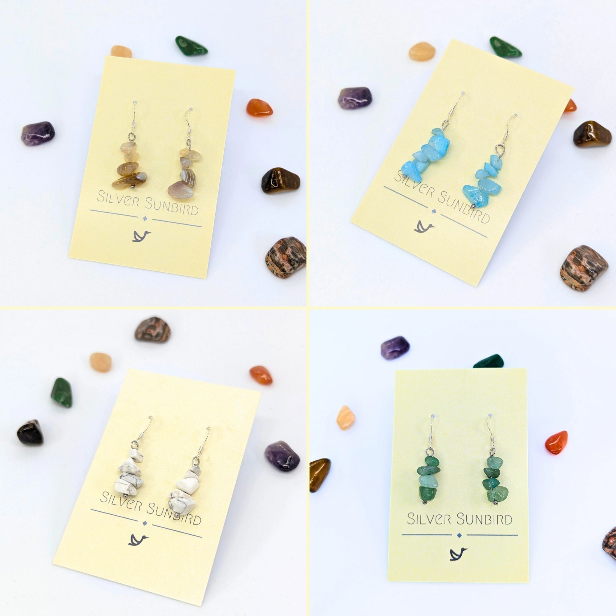 Three pairs of gemstone chip earrings—black, orange, and green—are displayed with small polished stones, with the green pair shown on a Silver Sunbird branded card.