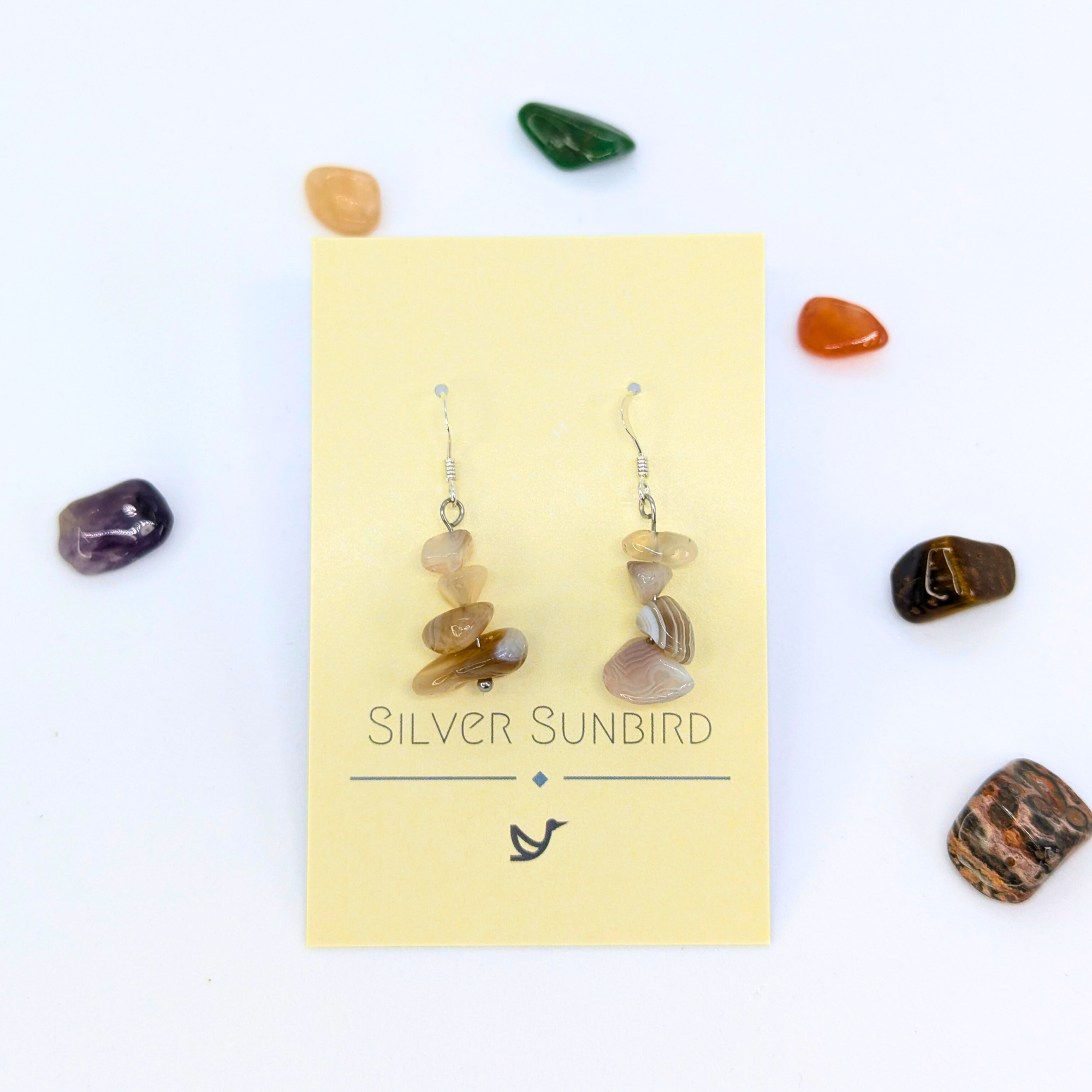 A pair of Botswana Agate Gemstone Earrings by Silver Sunbird, displayed on a branded card and surrounded by six colorful polished stones on a white background.