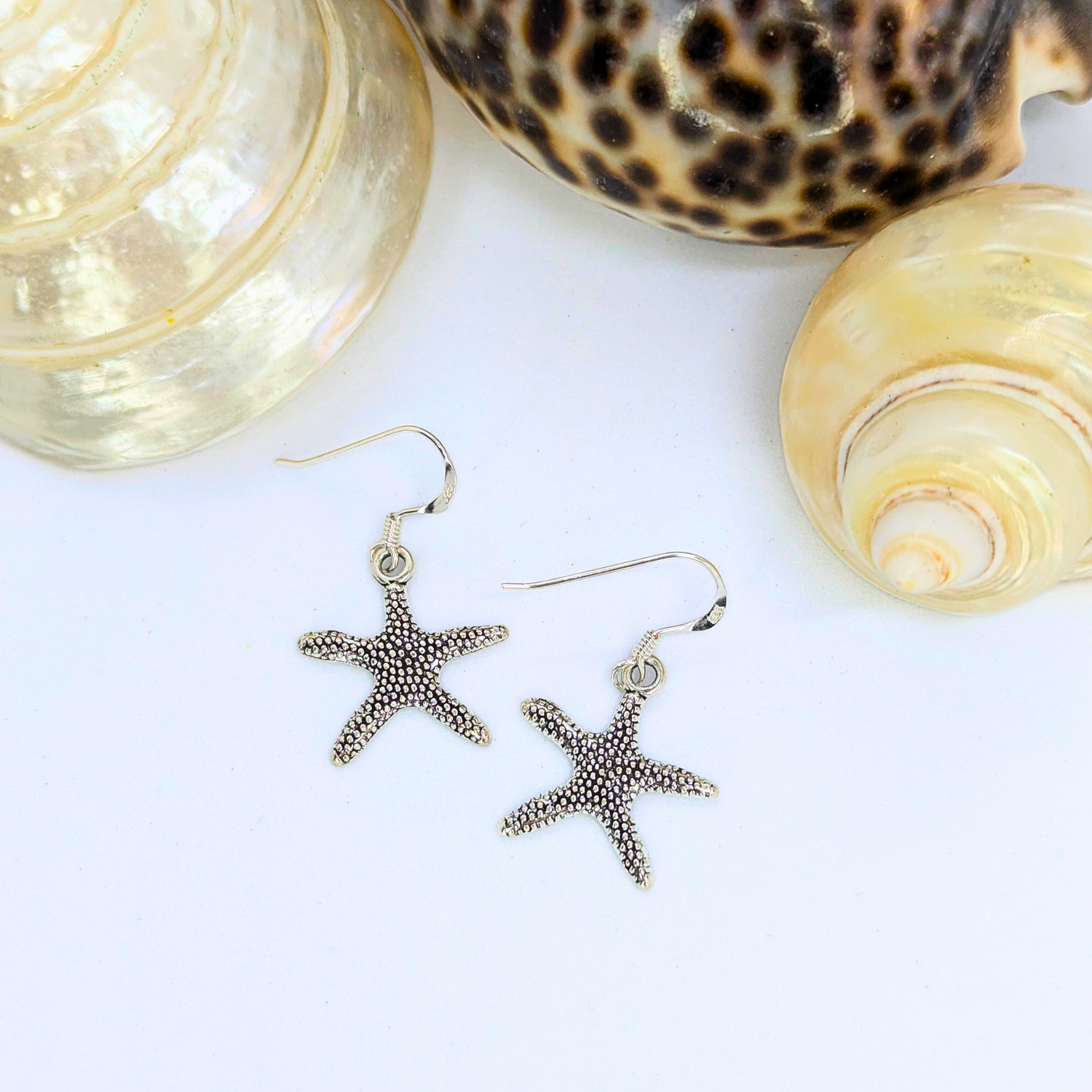 The Silver Sunbird Detailed Silver Starfish Earrings are shown on a white surface beside three colorful seashells, making them a perfect boho jewellery accent.