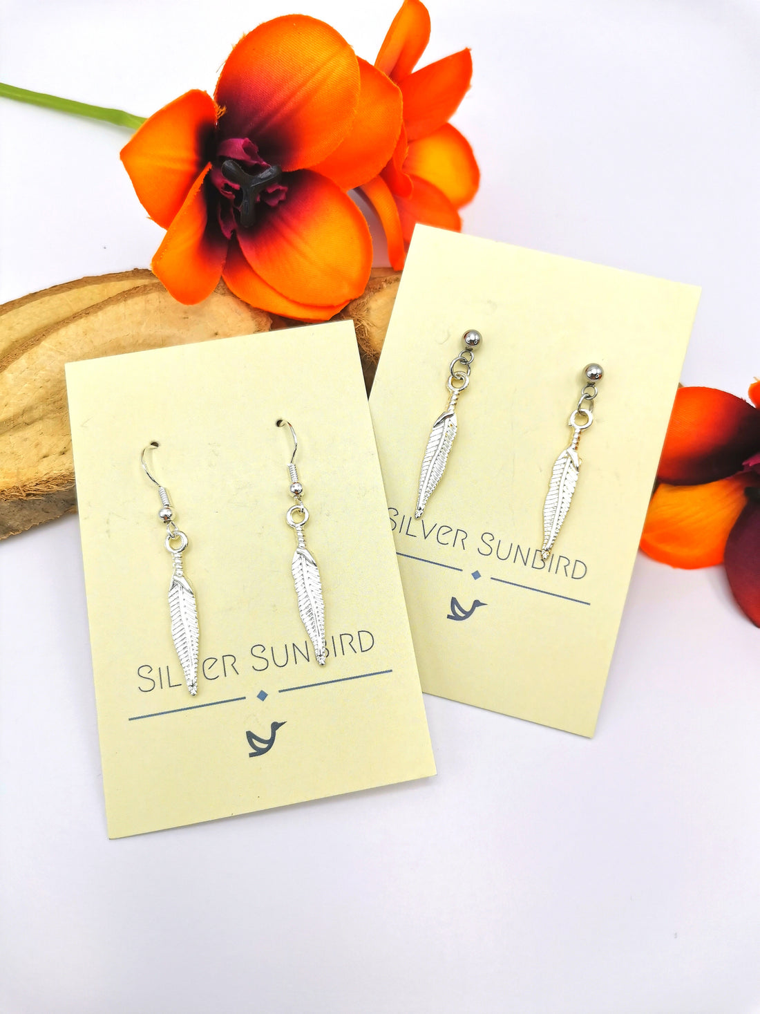 Fabulous Feather Earrings - Silver Sunbird animal earrings