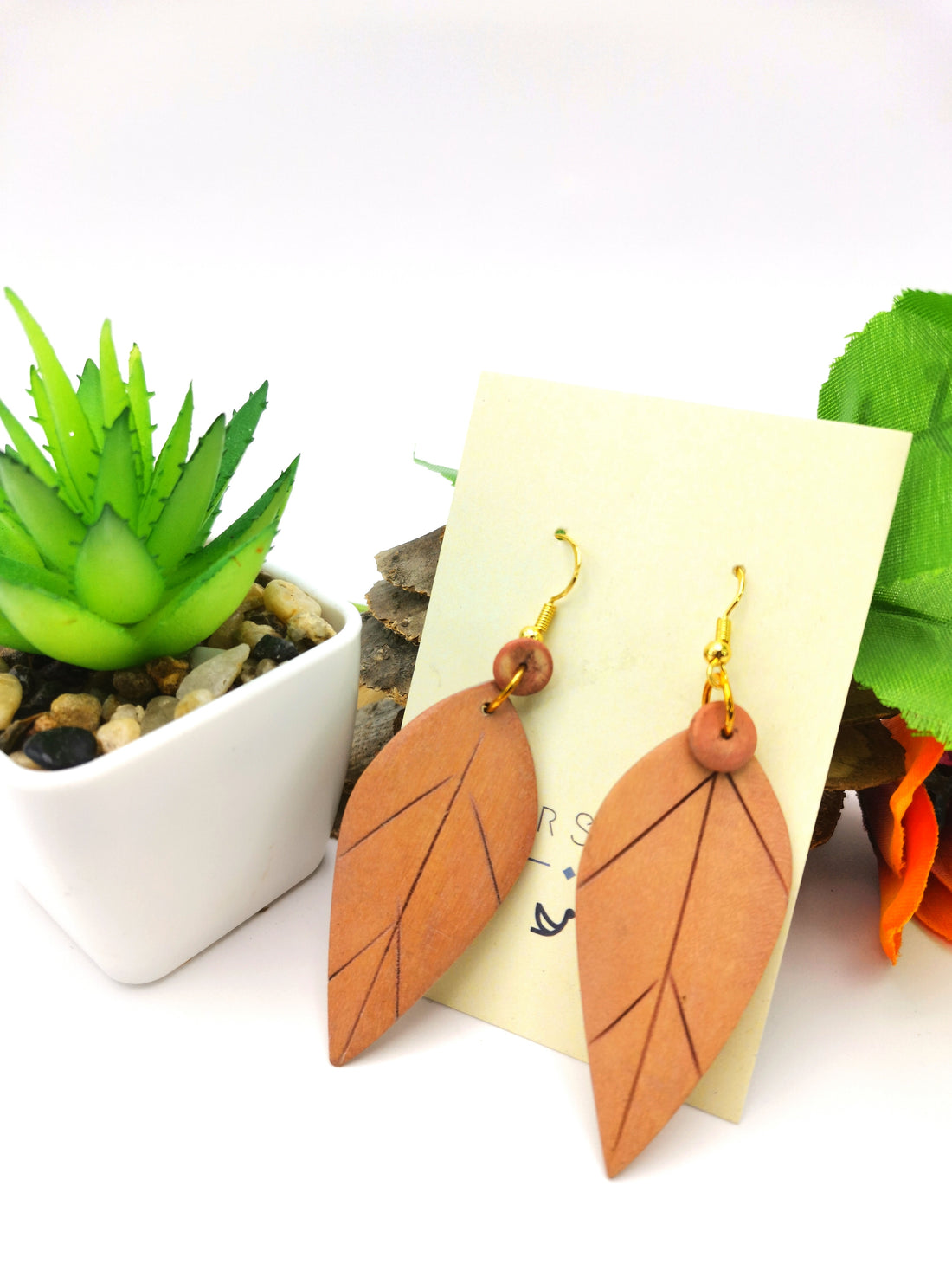 Wonderful Wooden Leaf Earrings - Silver Sunbird Bohemian Earrings
