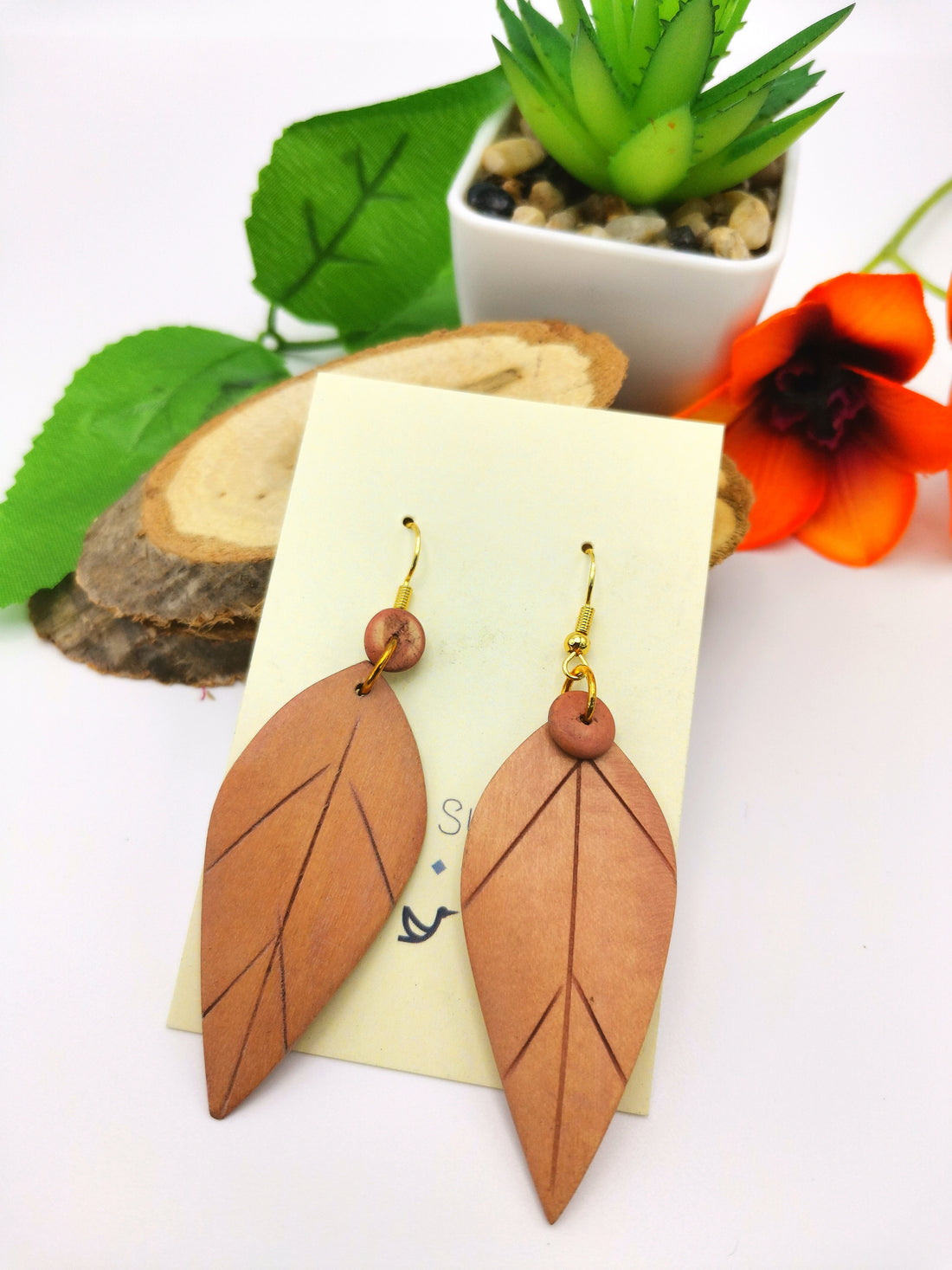 Wonderful Wooden Leaf Earrings - Silver Sunbird Bohemian Earrings