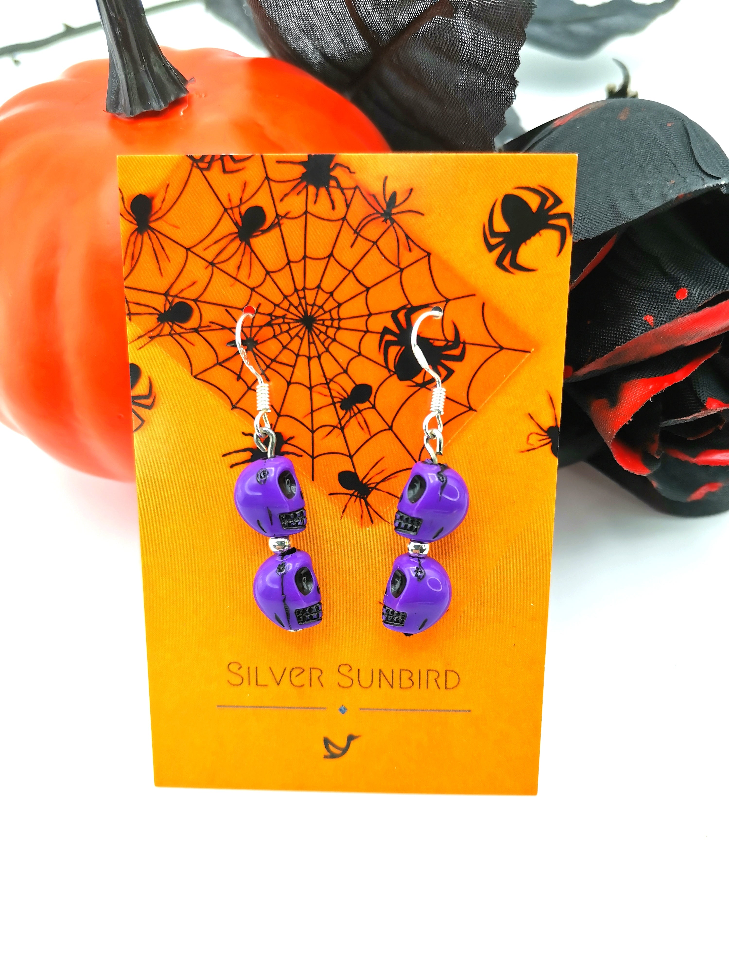 Bone-chilling Skull Earrings - Silver Sunbird Purple Halloween Earrings