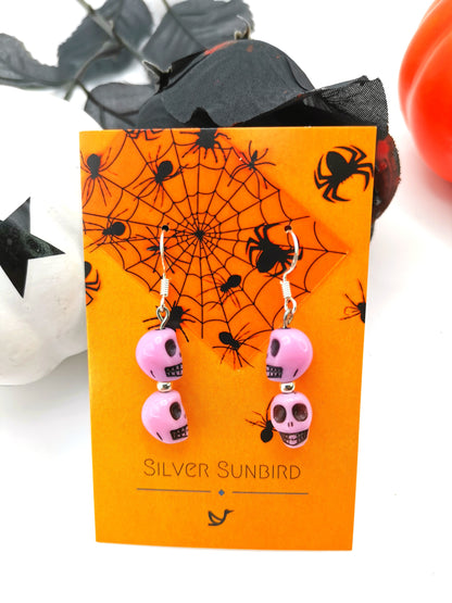 Bone-chilling Skull Earrings - Silver Sunbird Pink Halloween Earrings