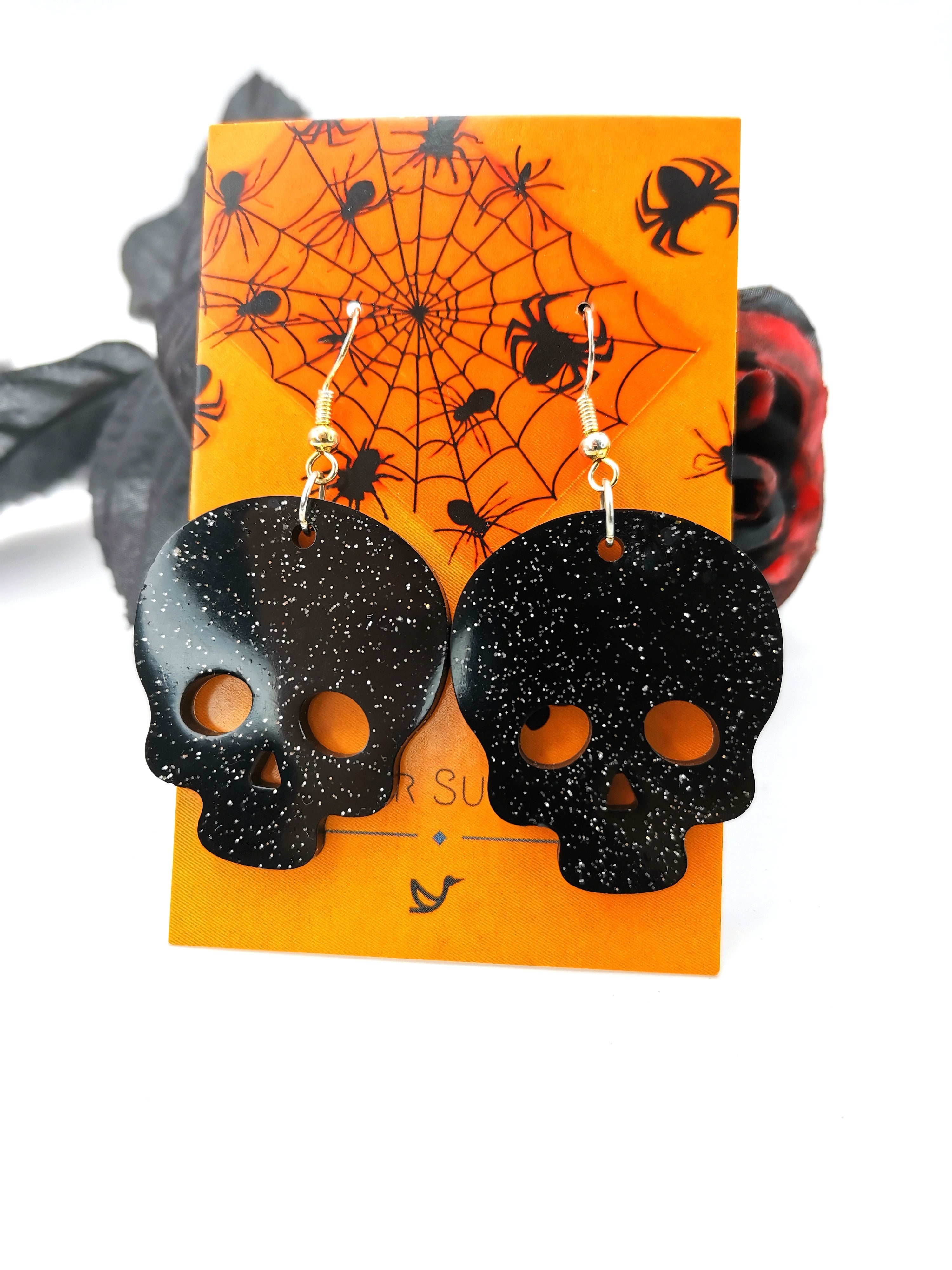 Glittering Scary Skull Earrings - Silver Sunbird Black Halloween Earrings