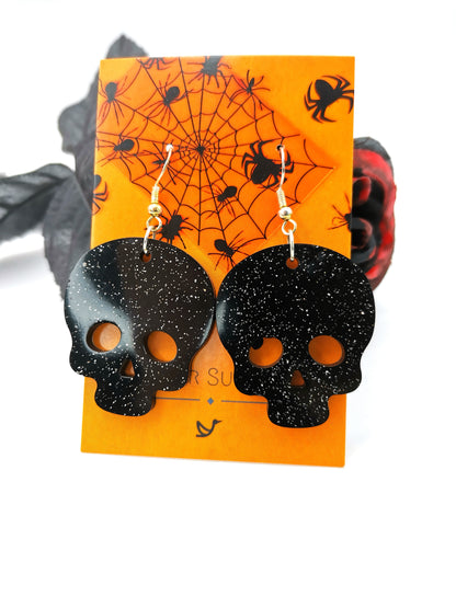 Glittering Scary Skull Earrings - Silver Sunbird Black Halloween Earrings