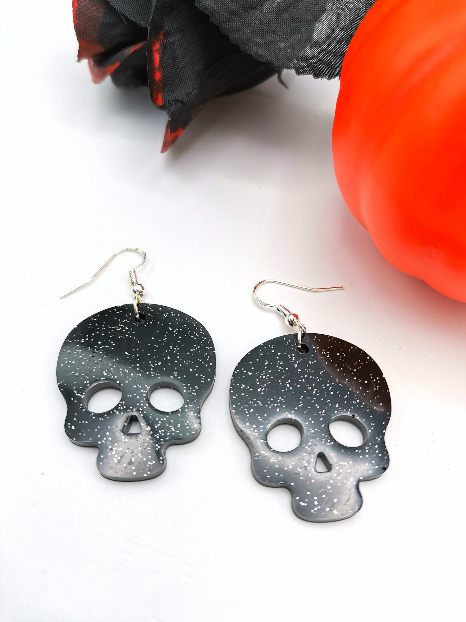 Glittering Scary Skull Earrings - Silver Sunbird Halloween Earrings