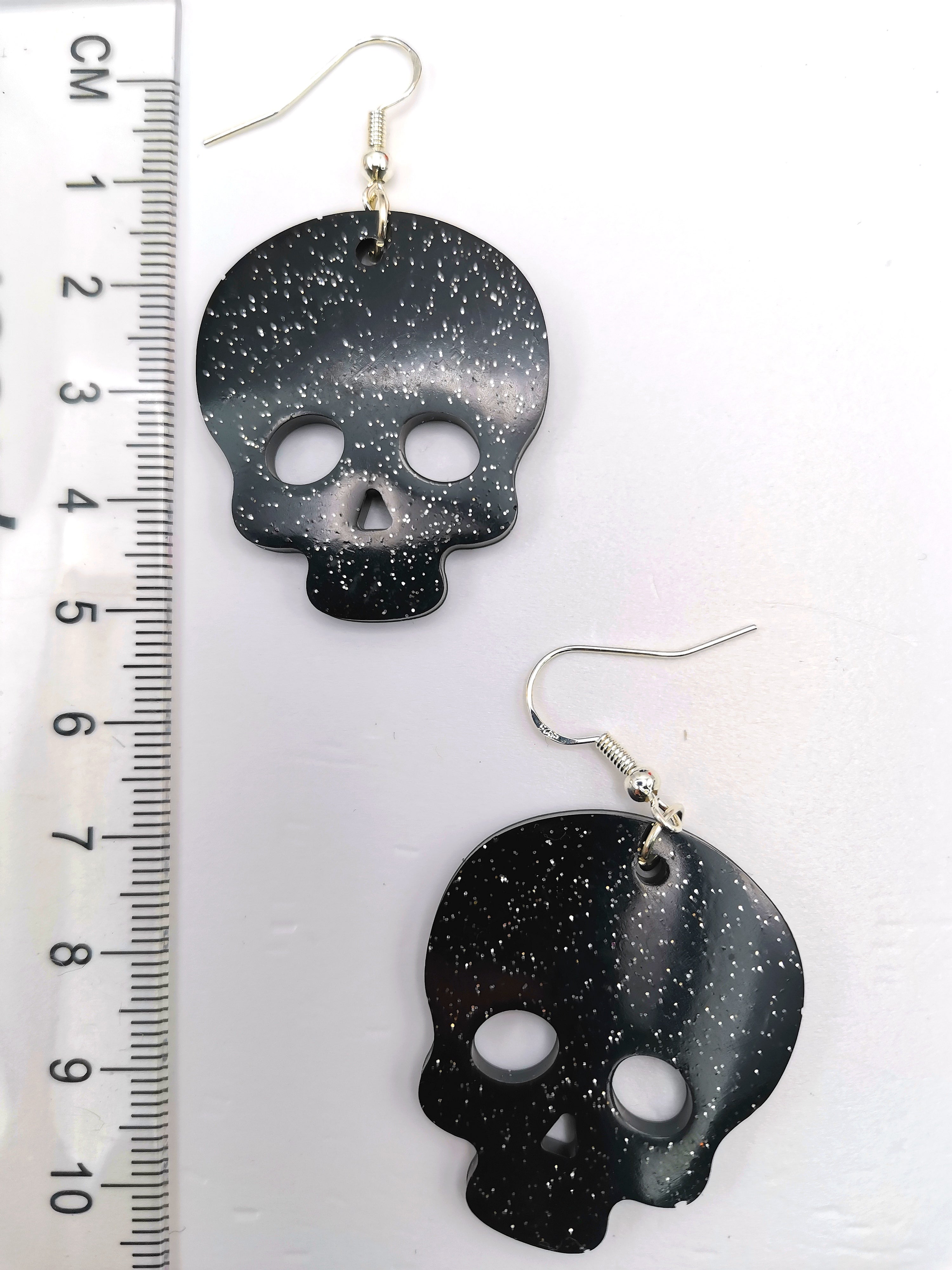 Glittering Scary Skull Earrings - Silver Sunbird Halloween Earrings