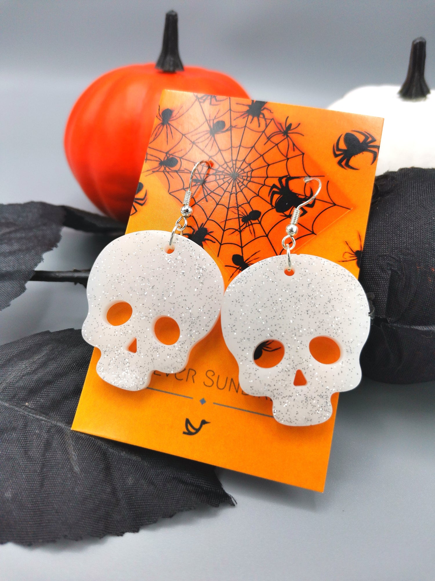 Glittering Scary Skull Earrings - Silver Sunbird Halloween Earrings