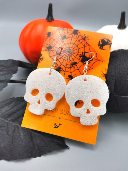 Glittering Scary Skull Earrings - Silver Sunbird Halloween Earrings