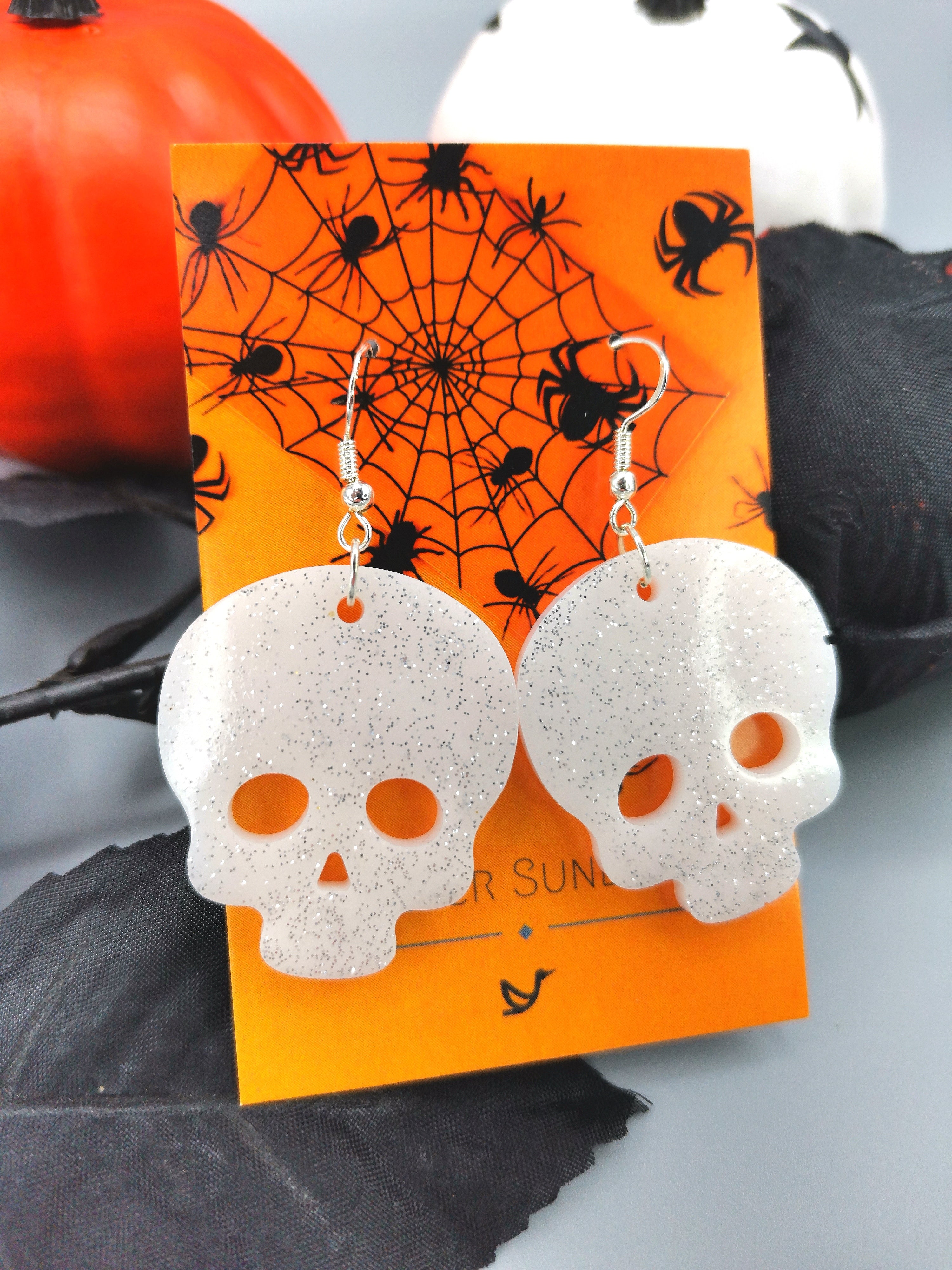 Glittering Scary Skull Earrings - Silver Sunbird Halloween Earrings