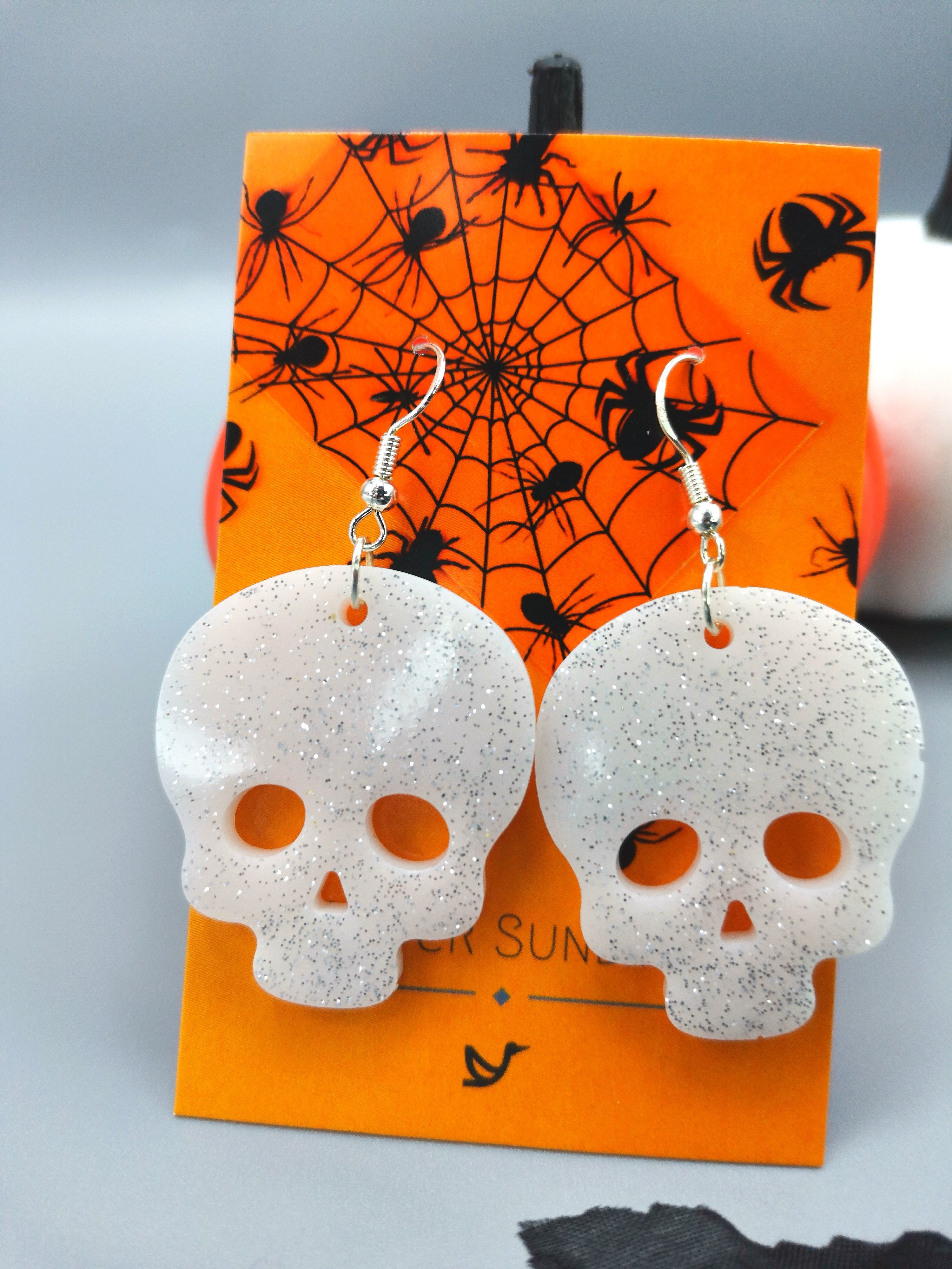 Glittering Scary Skull Earrings - Silver Sunbird White Halloween Earrings