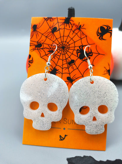 Glittering Scary Skull Earrings - Silver Sunbird White Halloween Earrings
