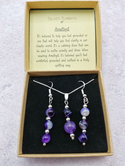 Amethyst Gemstone Jewellery Set - Silver Sunbird Gift Sets