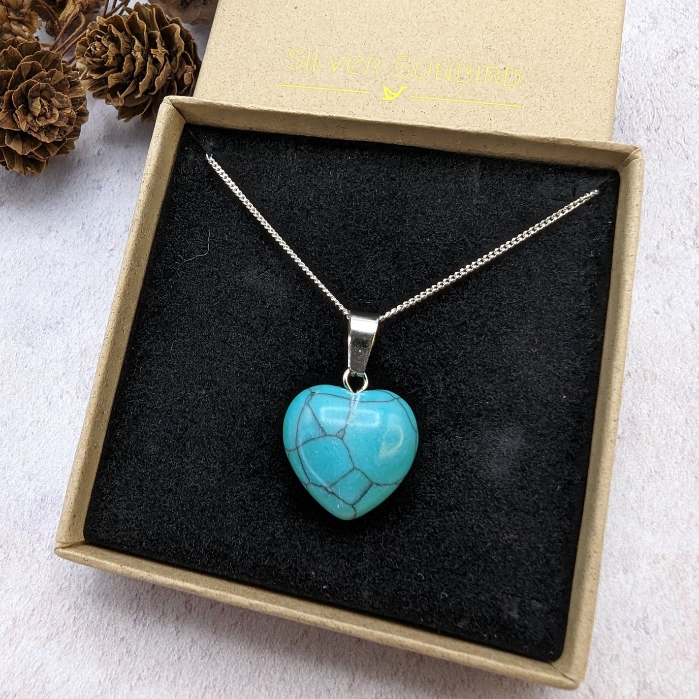 Turquoise Heart Necklace - Silver Sunbird Bohemian