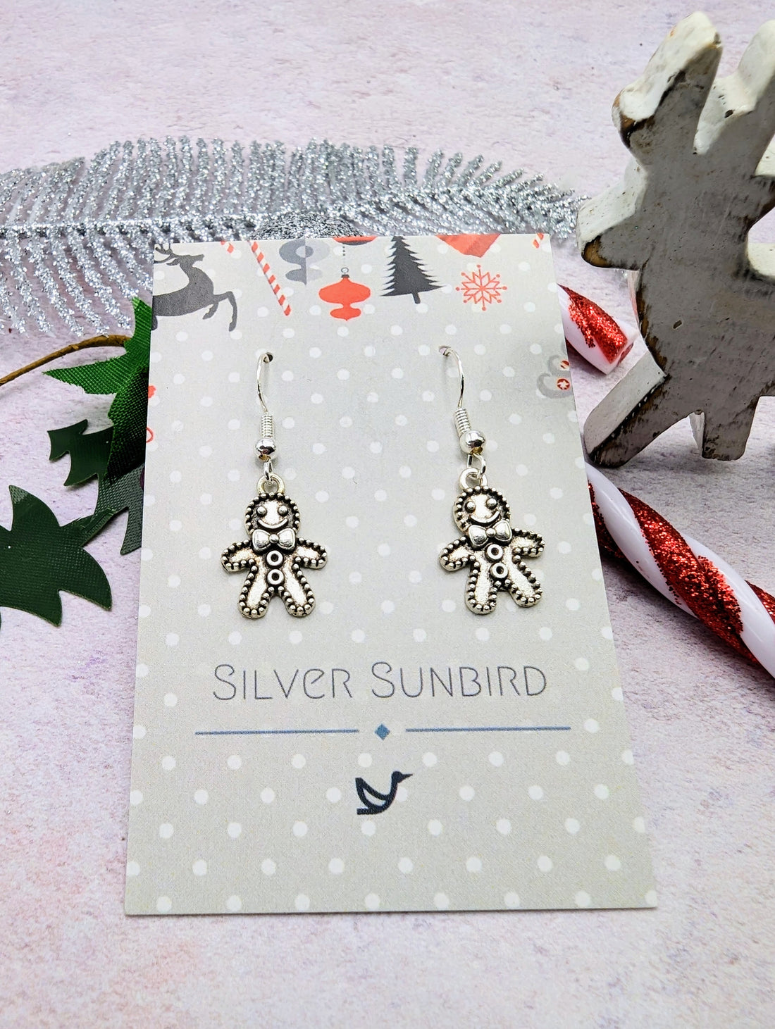 Jolly Gingerbread Men Earrings - Silver Sunbird Christmas Earrings