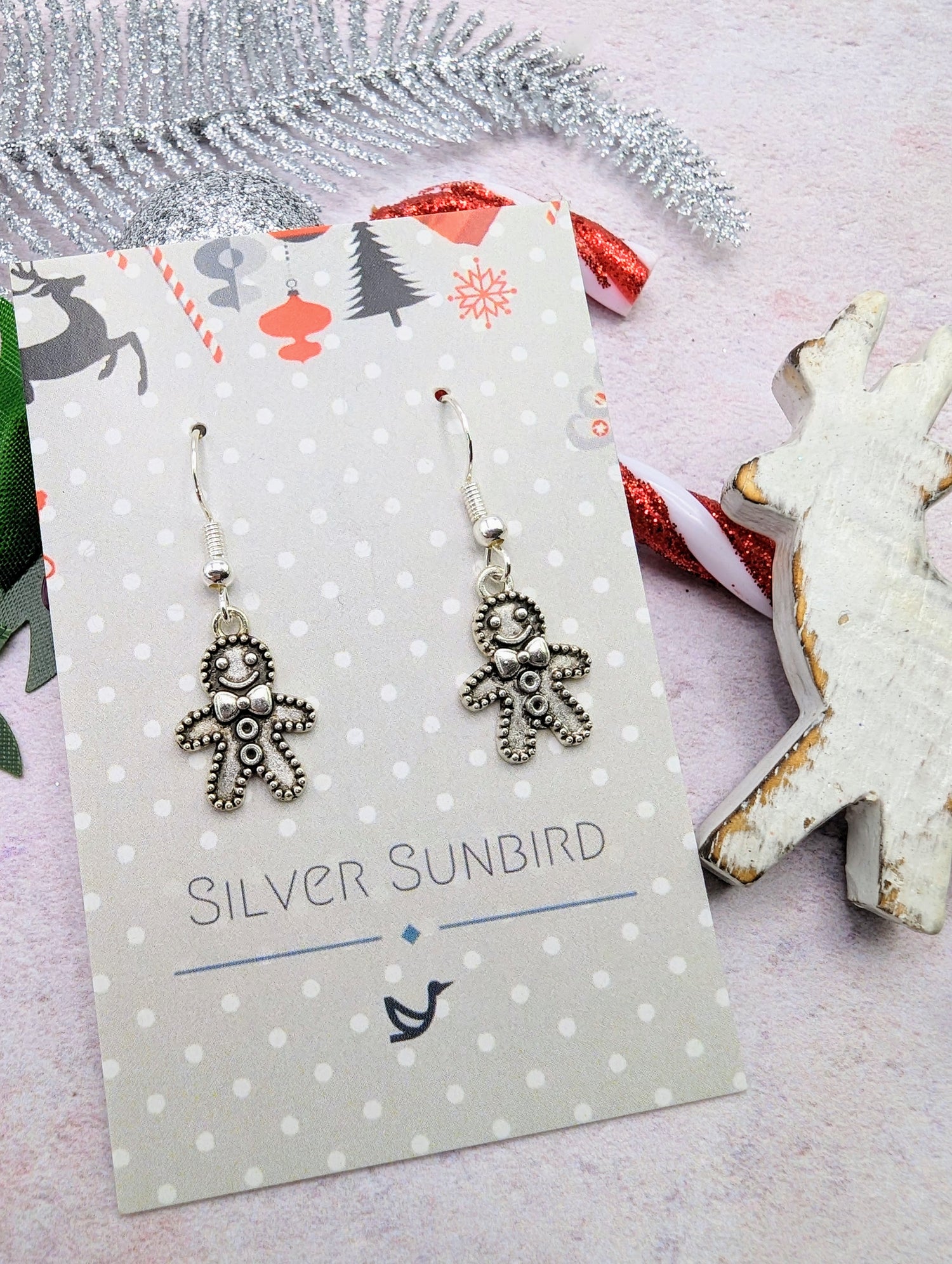 Jolly Gingerbread Men Earrings - Silver Sunbird Christmas Earrings