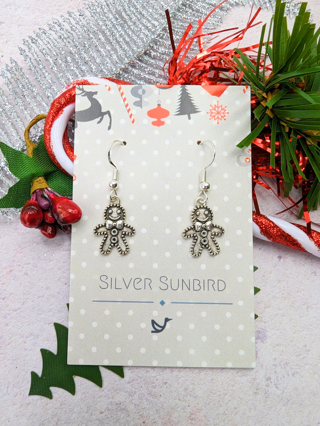 Jolly Gingerbread Men Earrings - Silver Sunbird Christmas Earrings
