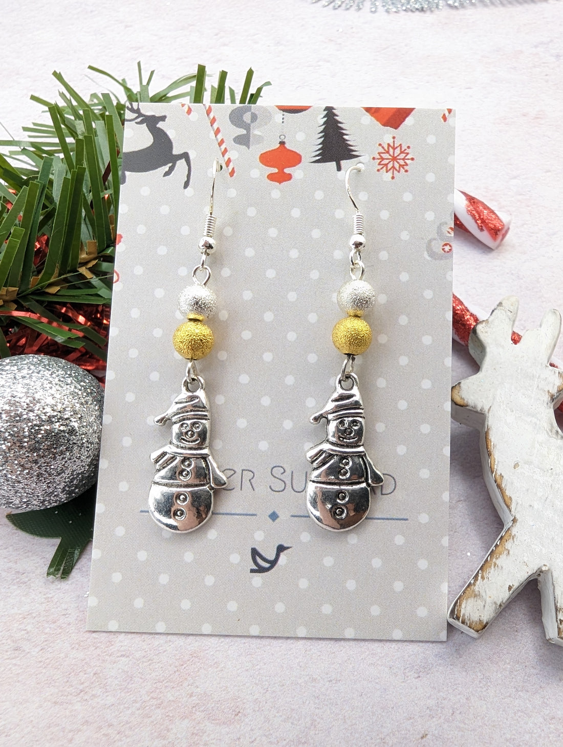 Very Merry Snowmen Earrings - Silver Sunbird Christmas Earrings