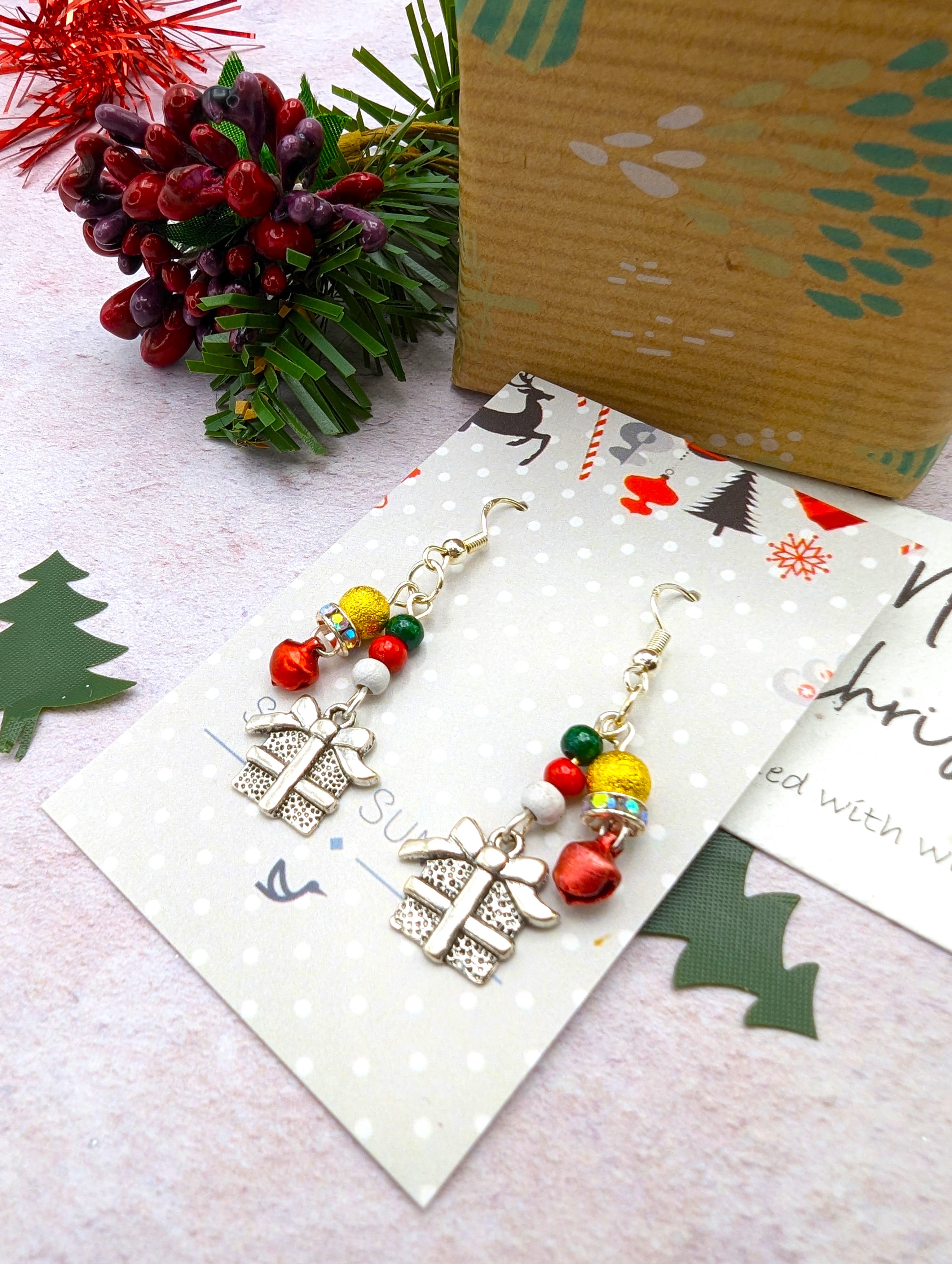 Gift Box Earrings - Silver Sunbird Christmas Earrings