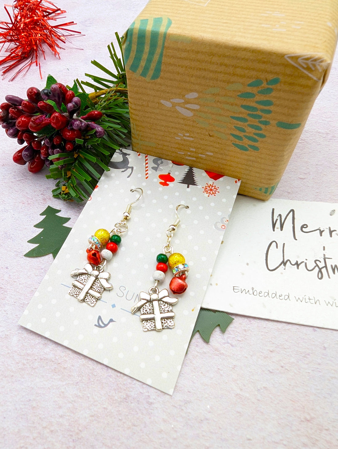 Gift Box Earrings - Silver Sunbird Christmas Earrings